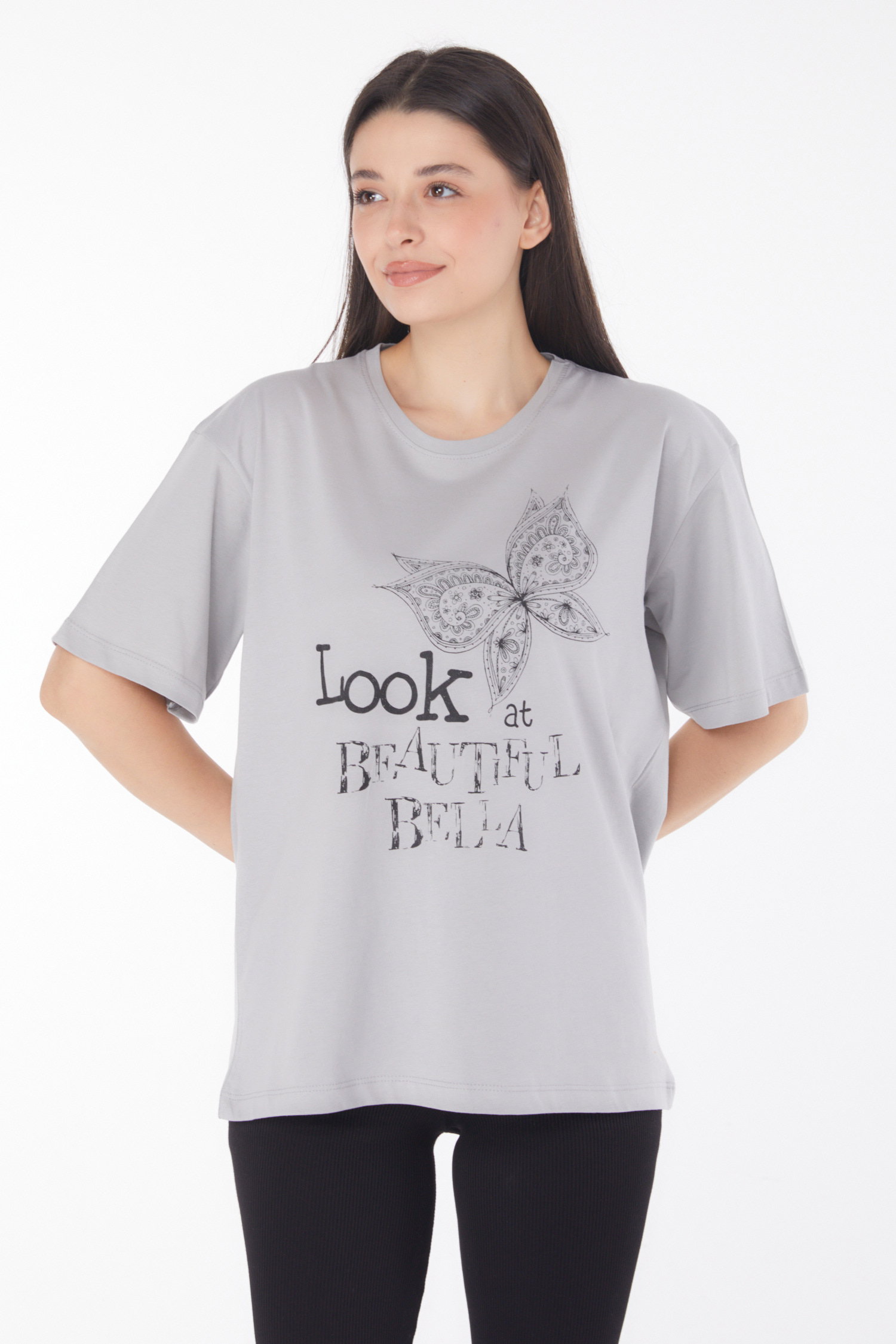 Düz Bisiklet Yaka Kadın Gri Baskılı Kısa Kollu T-shirt - 25766 - 2