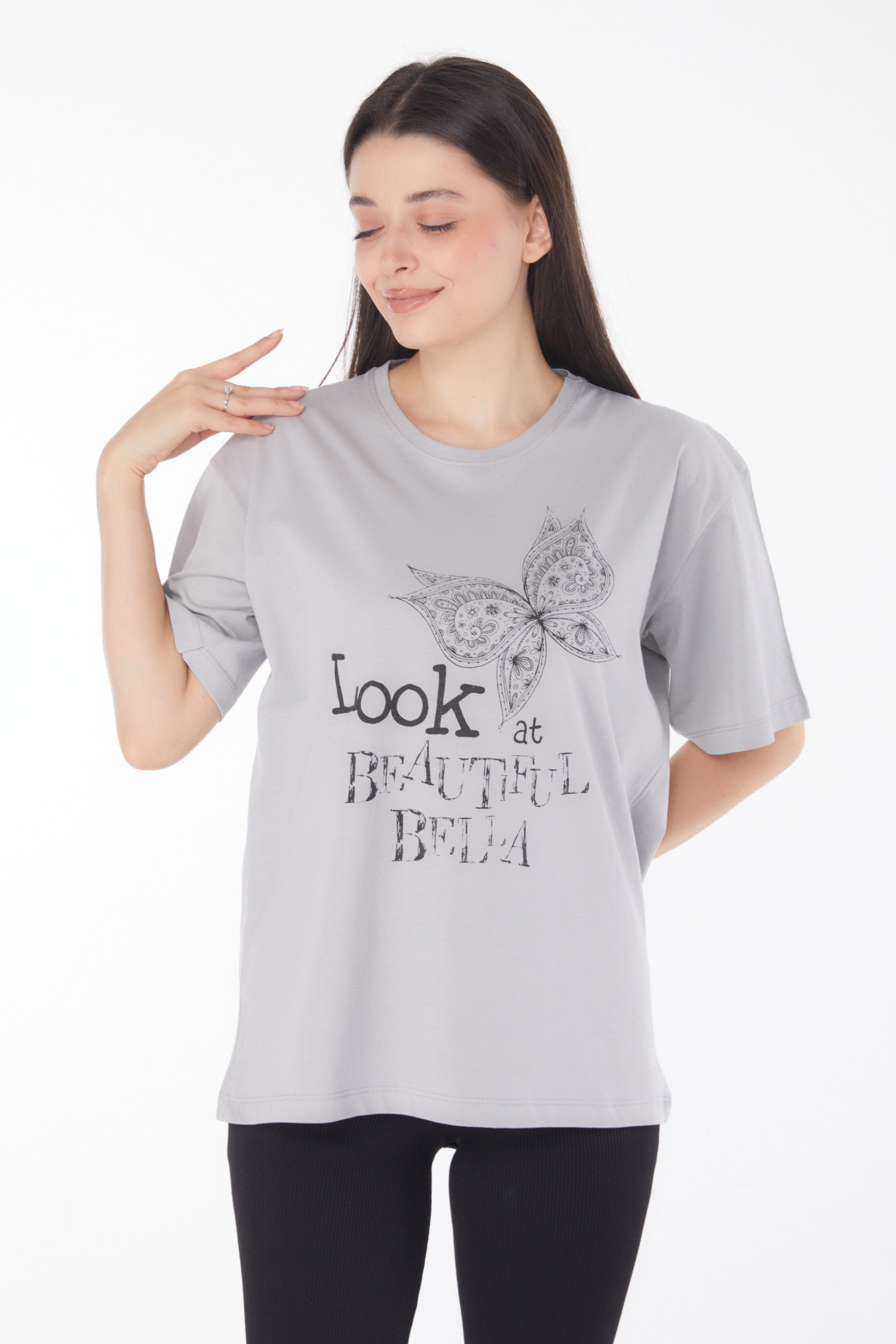 Düz Bisiklet Yaka Kadın Gri Baskılı Kısa Kollu T-shirt - 25766 - 3
