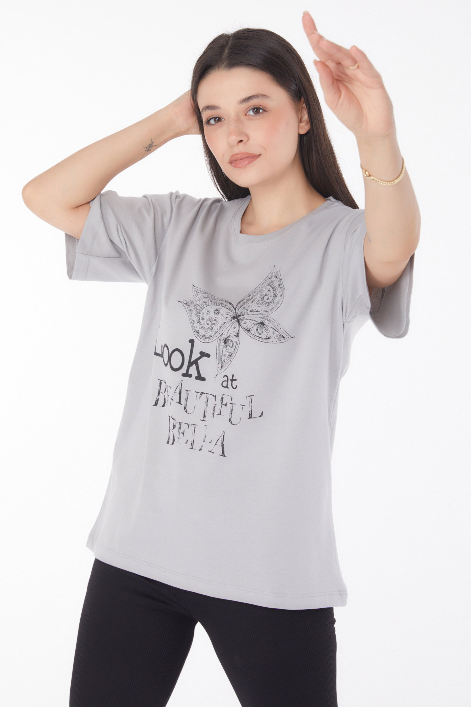 Düz Bisiklet Yaka Kadın Gri Baskılı Kısa Kollu T-shirt - 25766 - 1