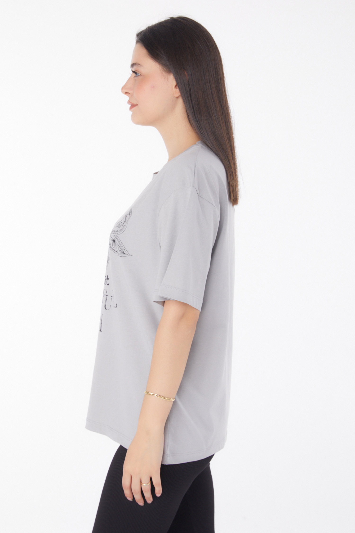 Düz Bisiklet Yaka Kadın Gri Baskılı Kısa Kollu T-shirt - 25766 - 4