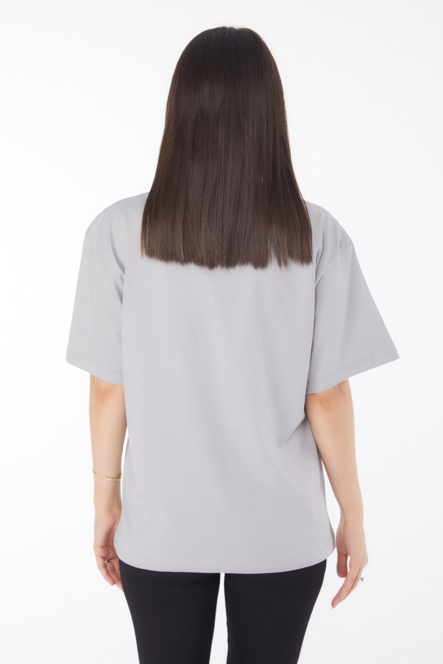 Düz Bisiklet Yaka Kadın Gri Baskılı Kısa Kollu T-shirt - 25766 - 5