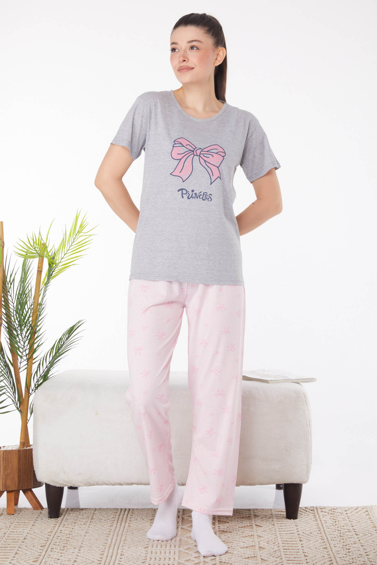 Düz Bisiklet Yaka Kadın Gri Baskılı Pijama Takımı - 25822 - 3