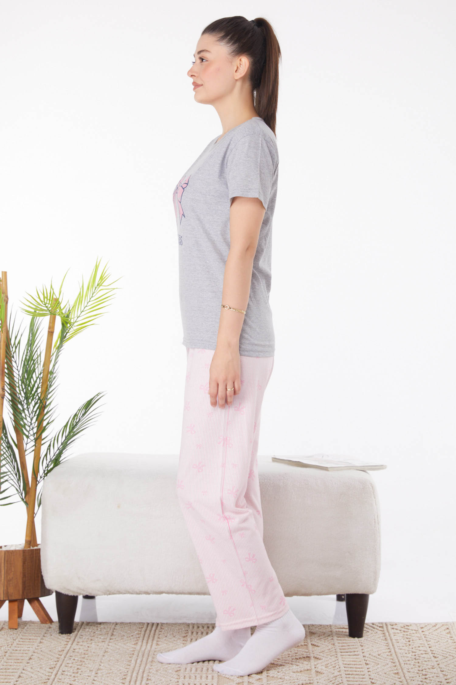 Düz Bisiklet Yaka Kadın Gri Baskılı Pijama Takımı - 25822 - 4