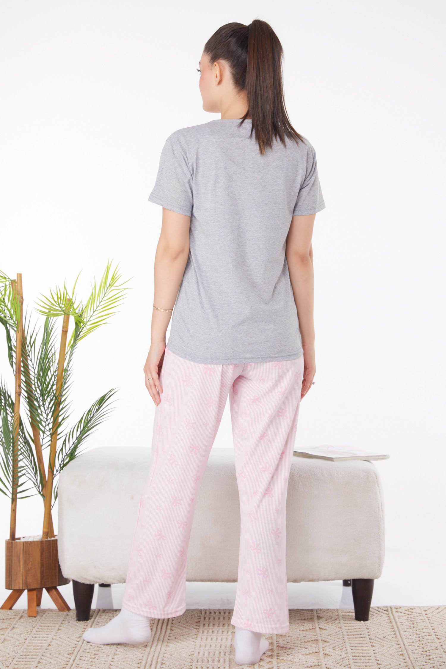 Düz Bisiklet Yaka Kadın Gri Baskılı Pijama Takımı - 25822 - 5