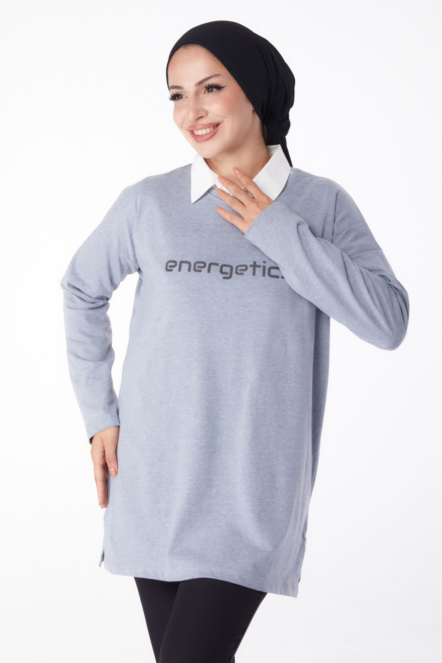 Düz Bisiklet Yaka Kadın Gri Baskılı Sweat - 26236 - 1