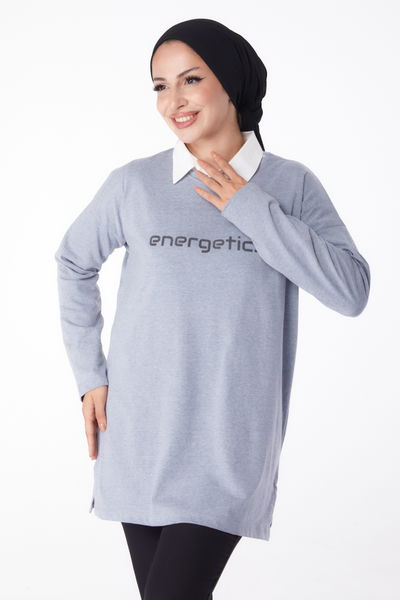 Düz Bisiklet Yaka Kadın Gri Baskılı Sweat - 26236 