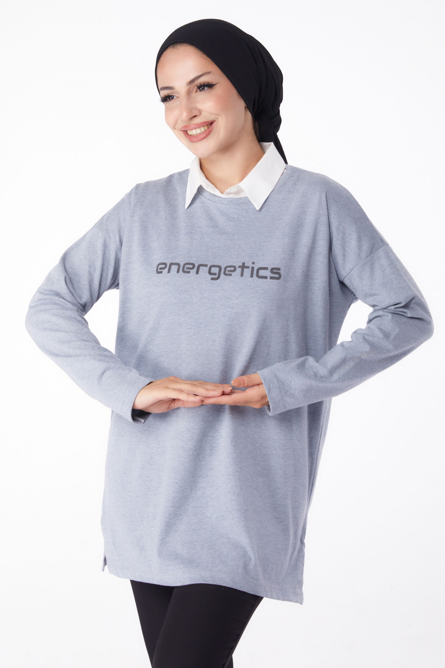 Düz Bisiklet Yaka Kadın Gri Baskılı Sweat - 26236 - 3