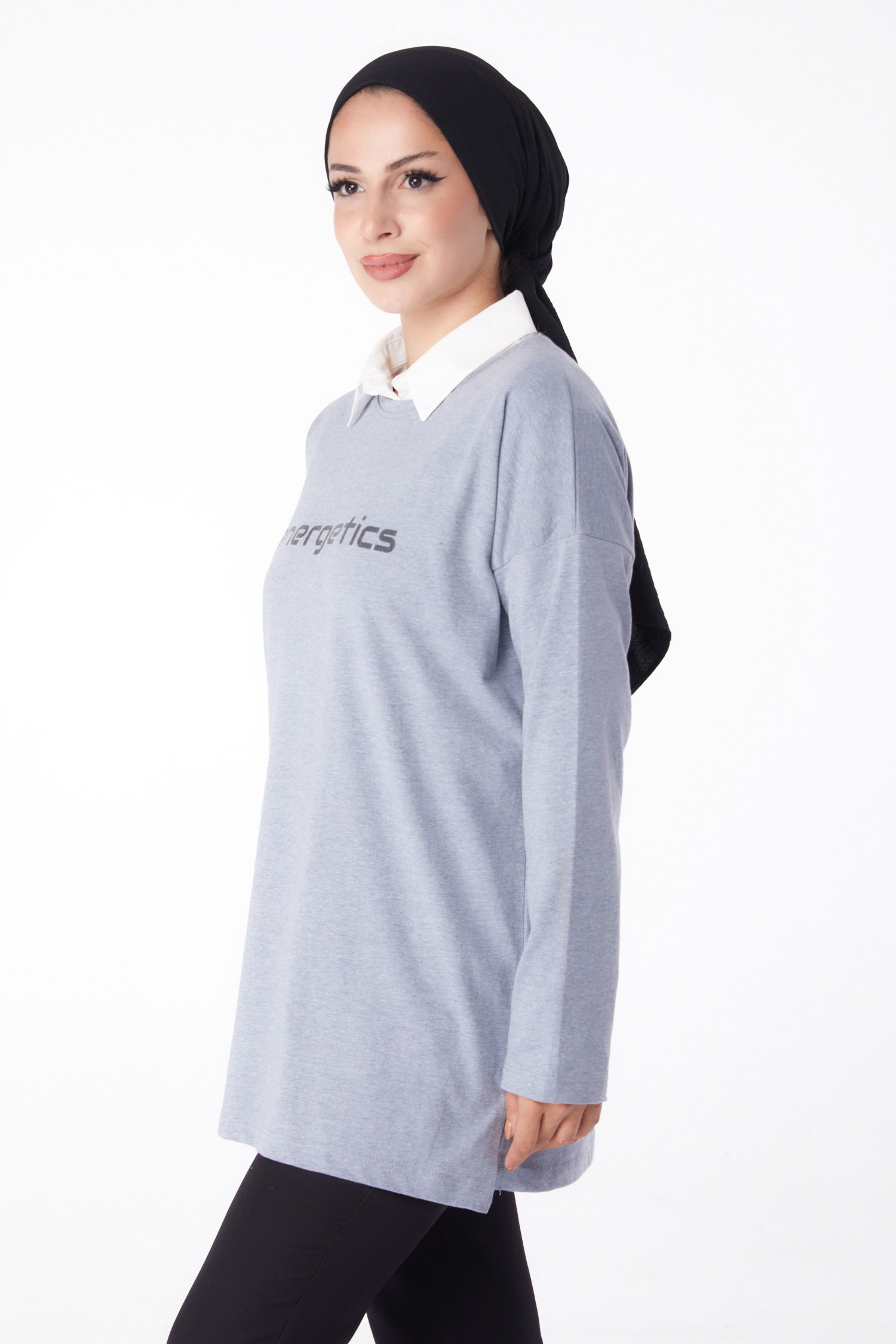 Düz Bisiklet Yaka Kadın Gri Baskılı Sweat - 26236 - 4