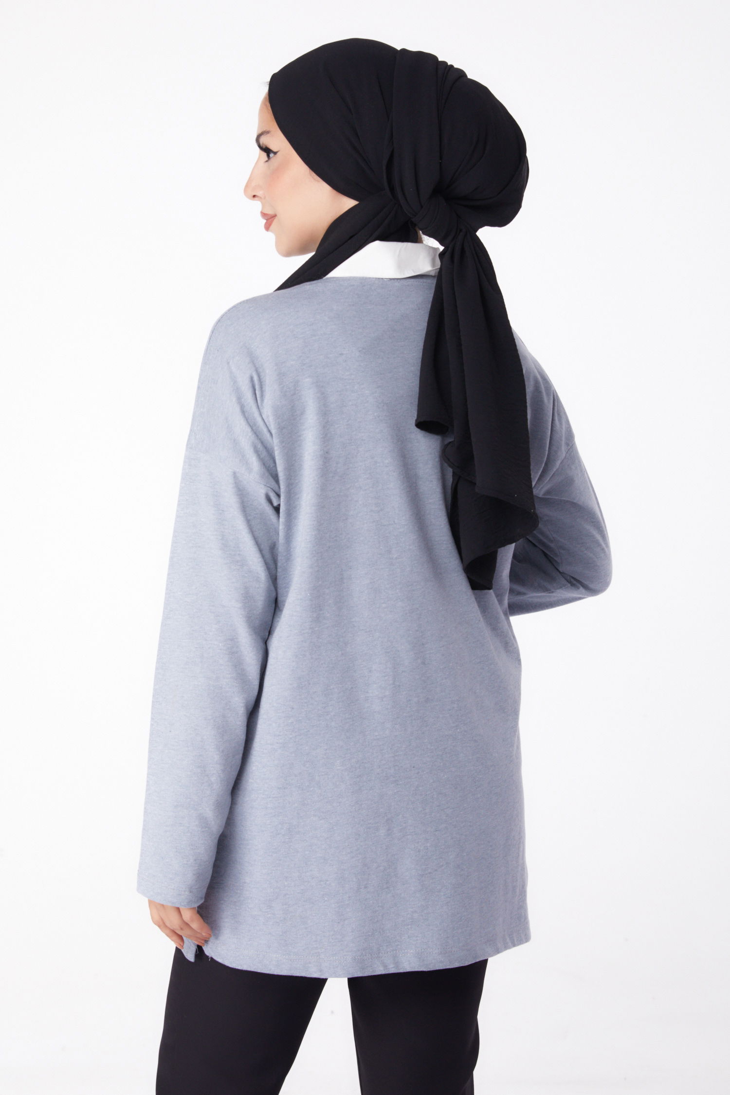Düz Bisiklet Yaka Kadın Gri Baskılı Sweat - 26236 - 5