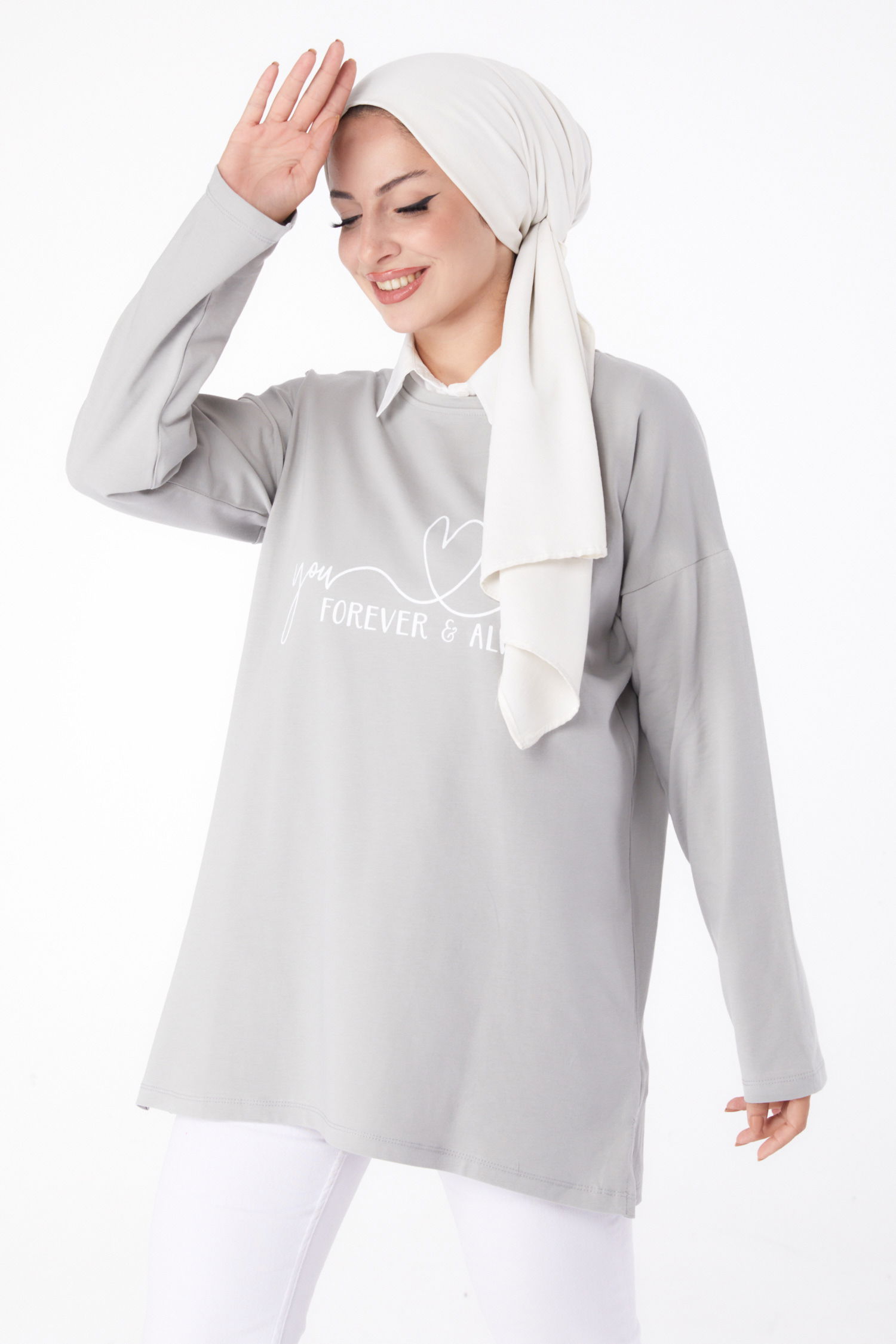 Düz Bisiklet Yaka Kadın Gri Baskılı Sweat - 26238 - 1