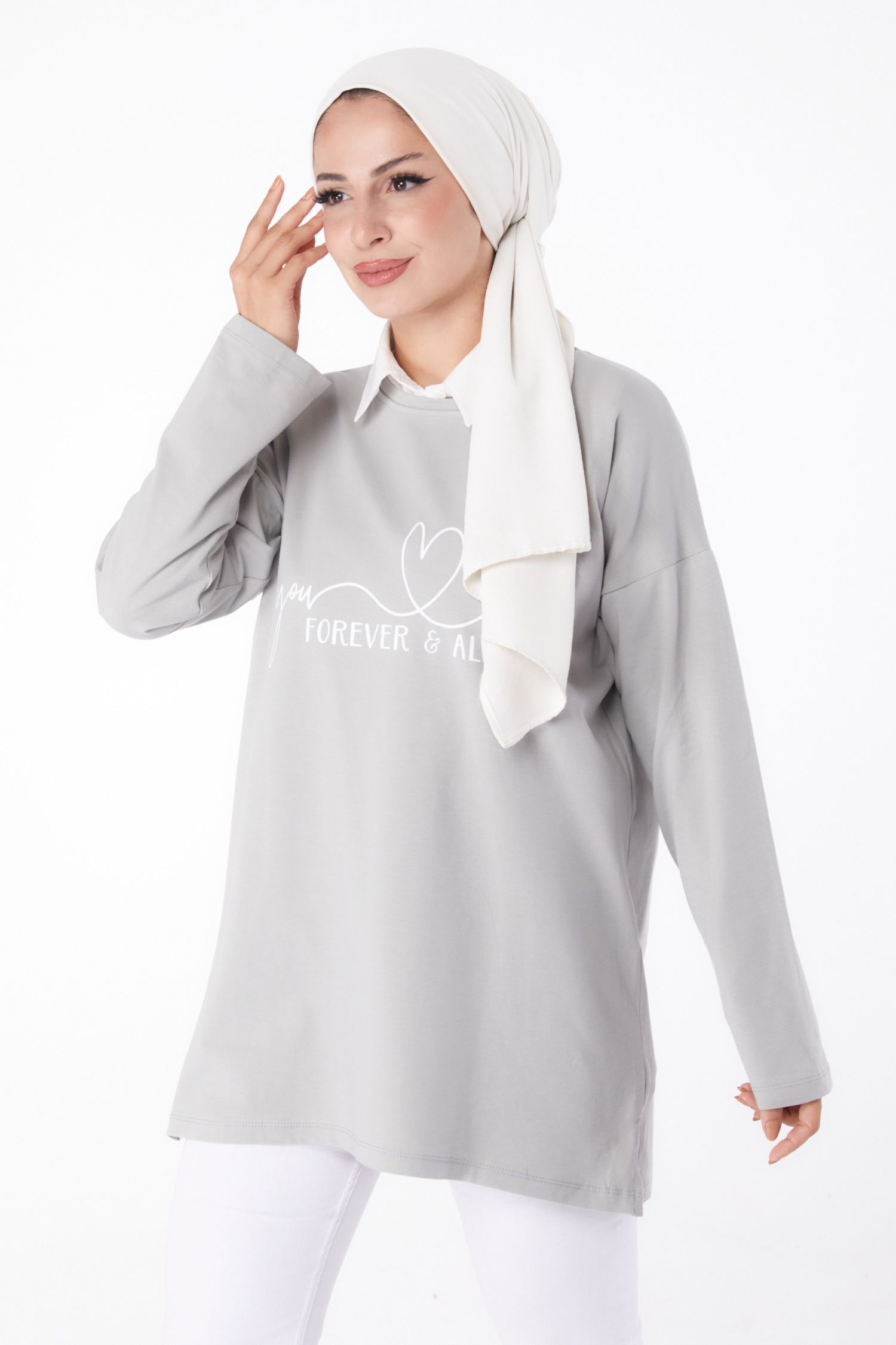 Düz Bisiklet Yaka Kadın Gri Baskılı Sweat - 26238 - 2