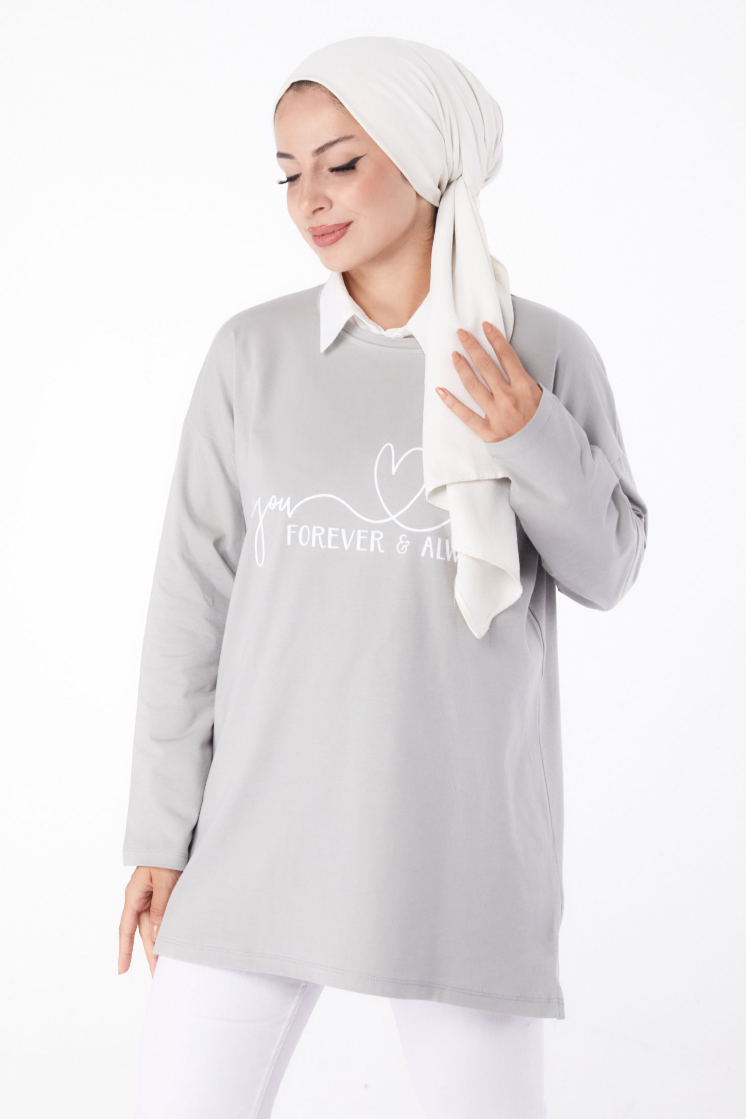 Düz Bisiklet Yaka Kadın Gri Baskılı Sweat - 26238 - 3
