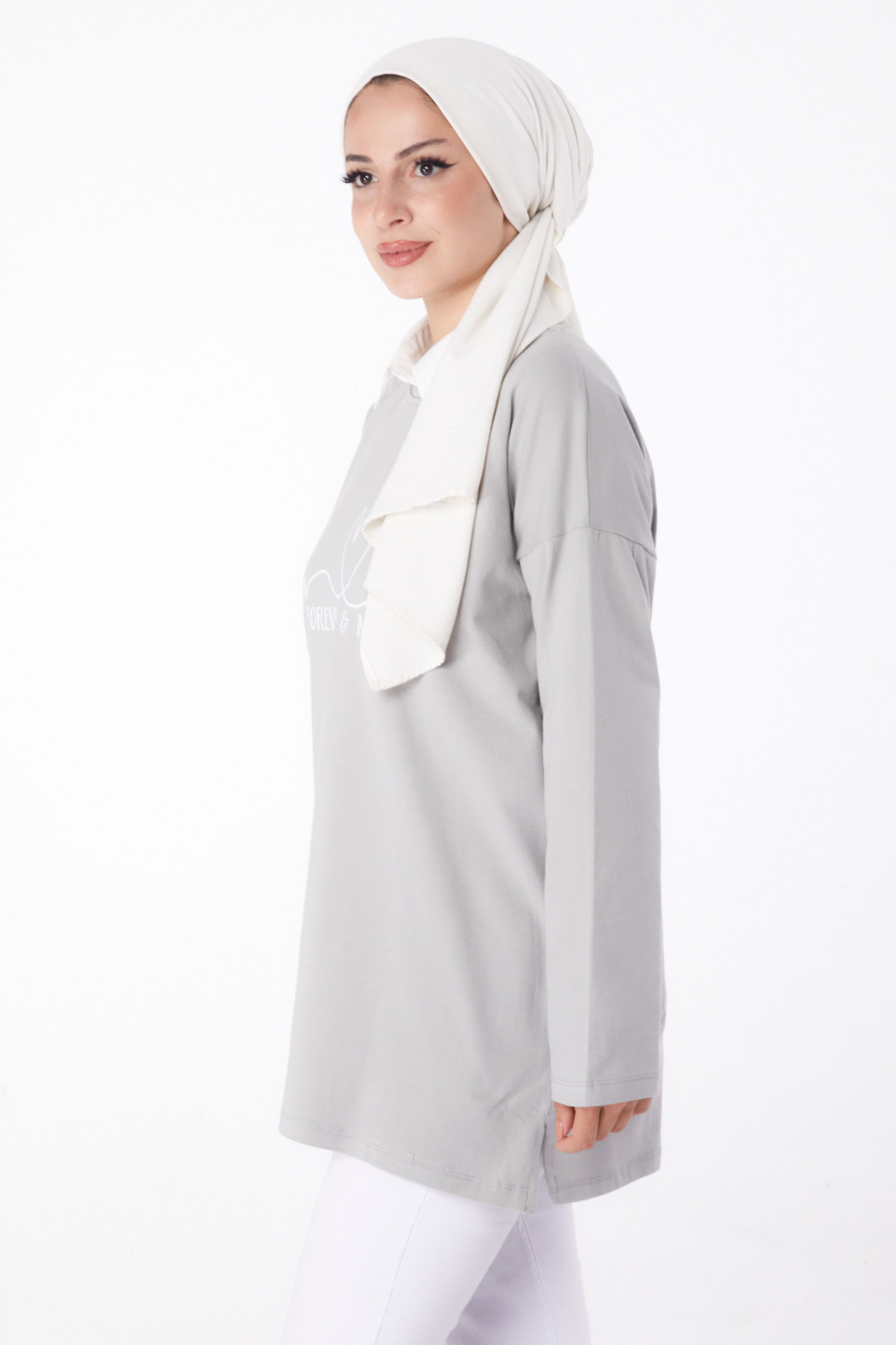 Düz Bisiklet Yaka Kadın Gri Baskılı Sweat - 26238 - 4