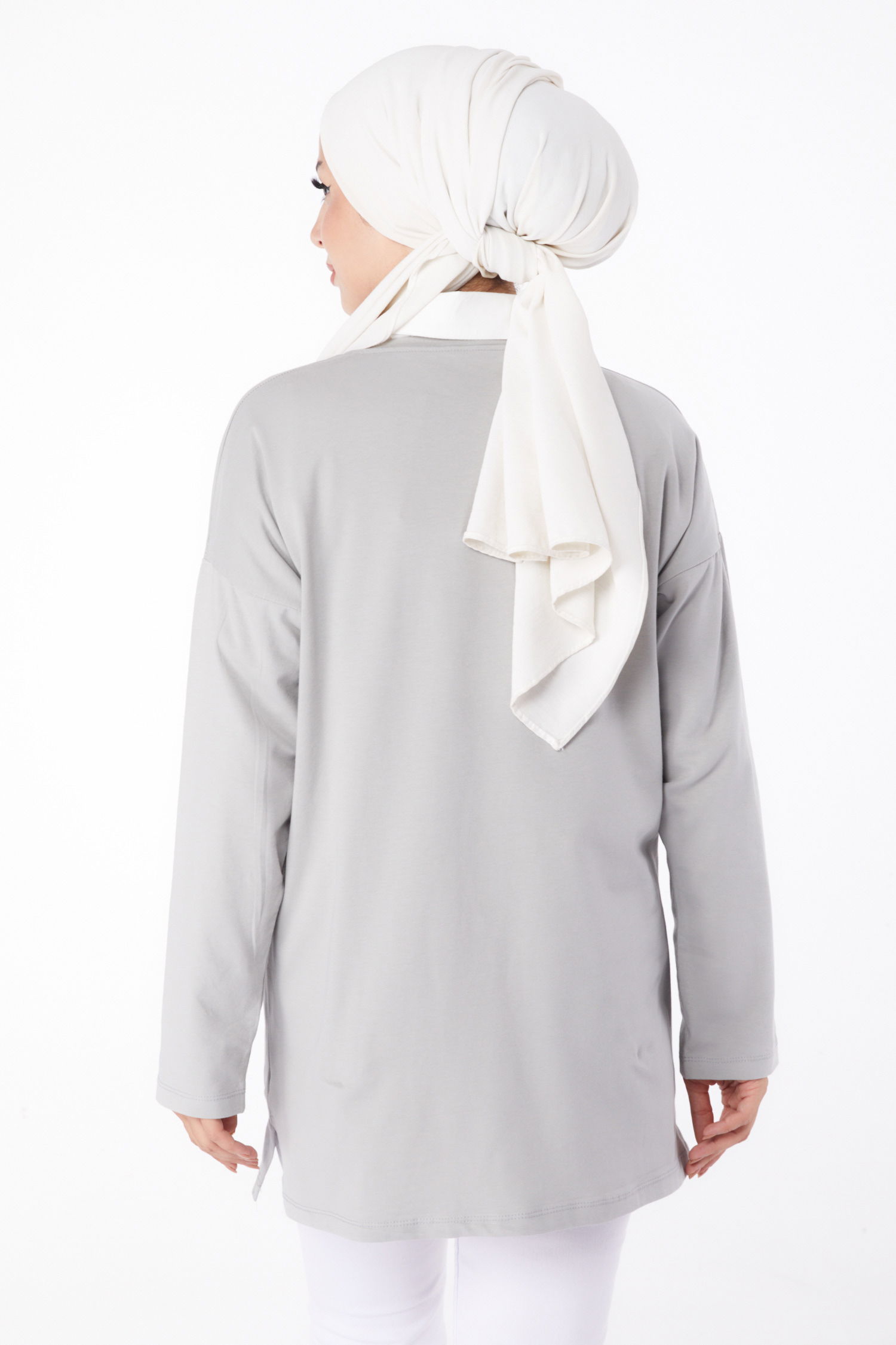 Düz Bisiklet Yaka Kadın Gri Baskılı Sweat - 26238 - 5