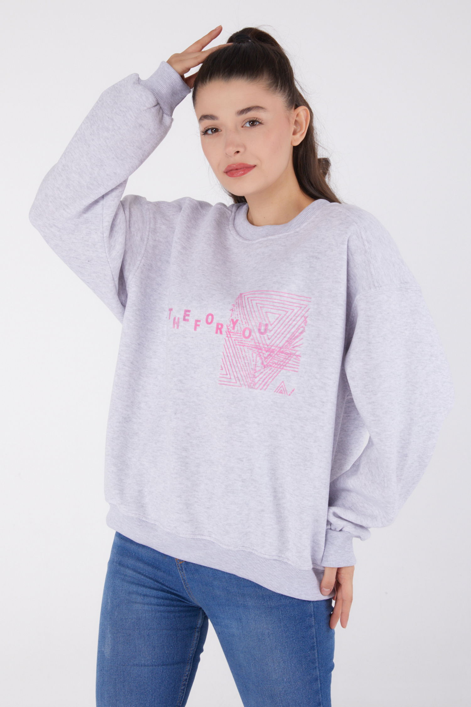 Baskılı Sweatshirt Gri - 26473 - 2