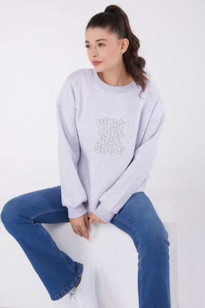 Düz Bisiklet Yaka Kadın Gri Baskılı Sweatshirt - 26475 