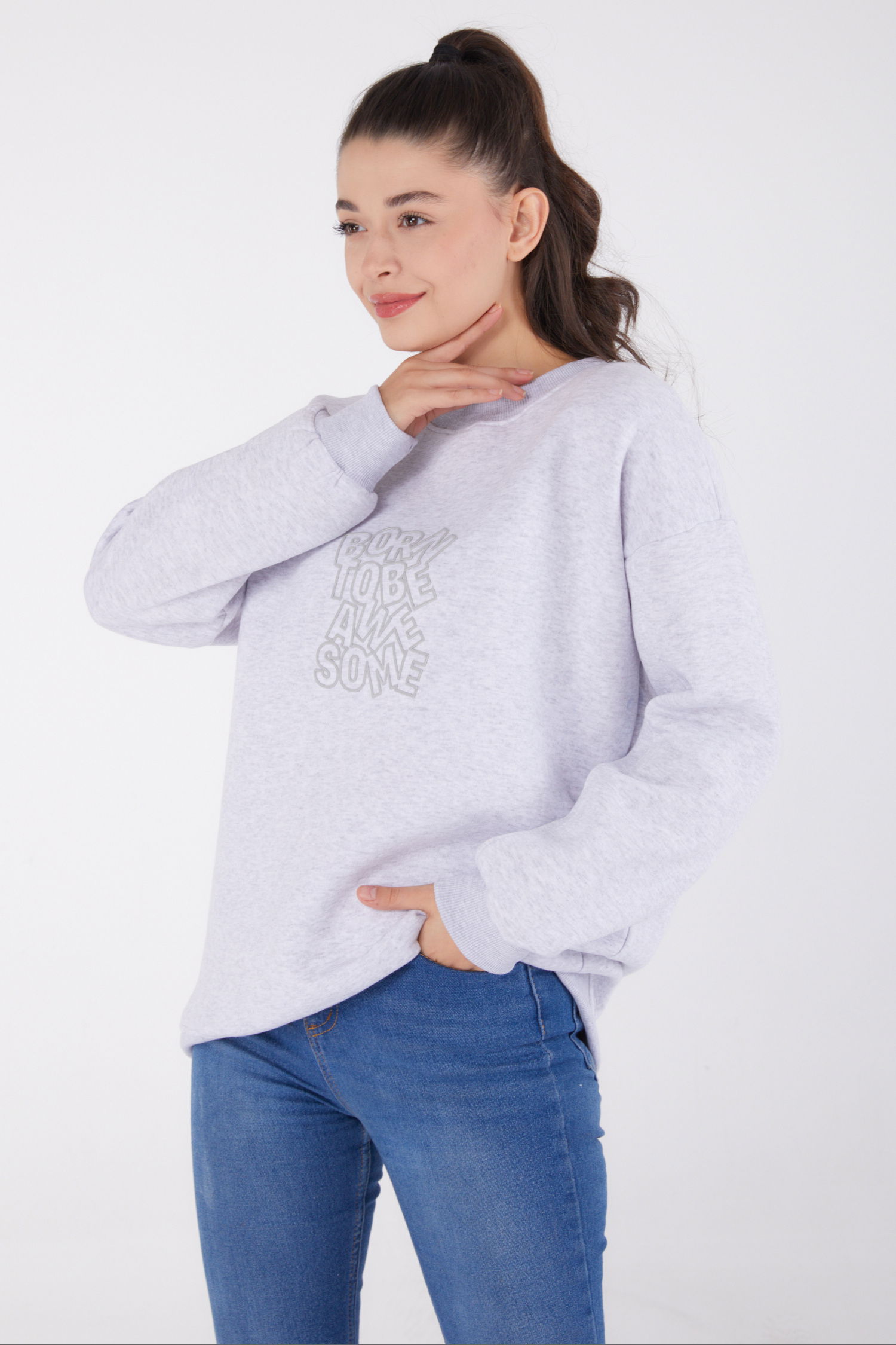 Düz Bisiklet Yaka Kadın Gri Baskılı Sweatshirt - 26475 - 3