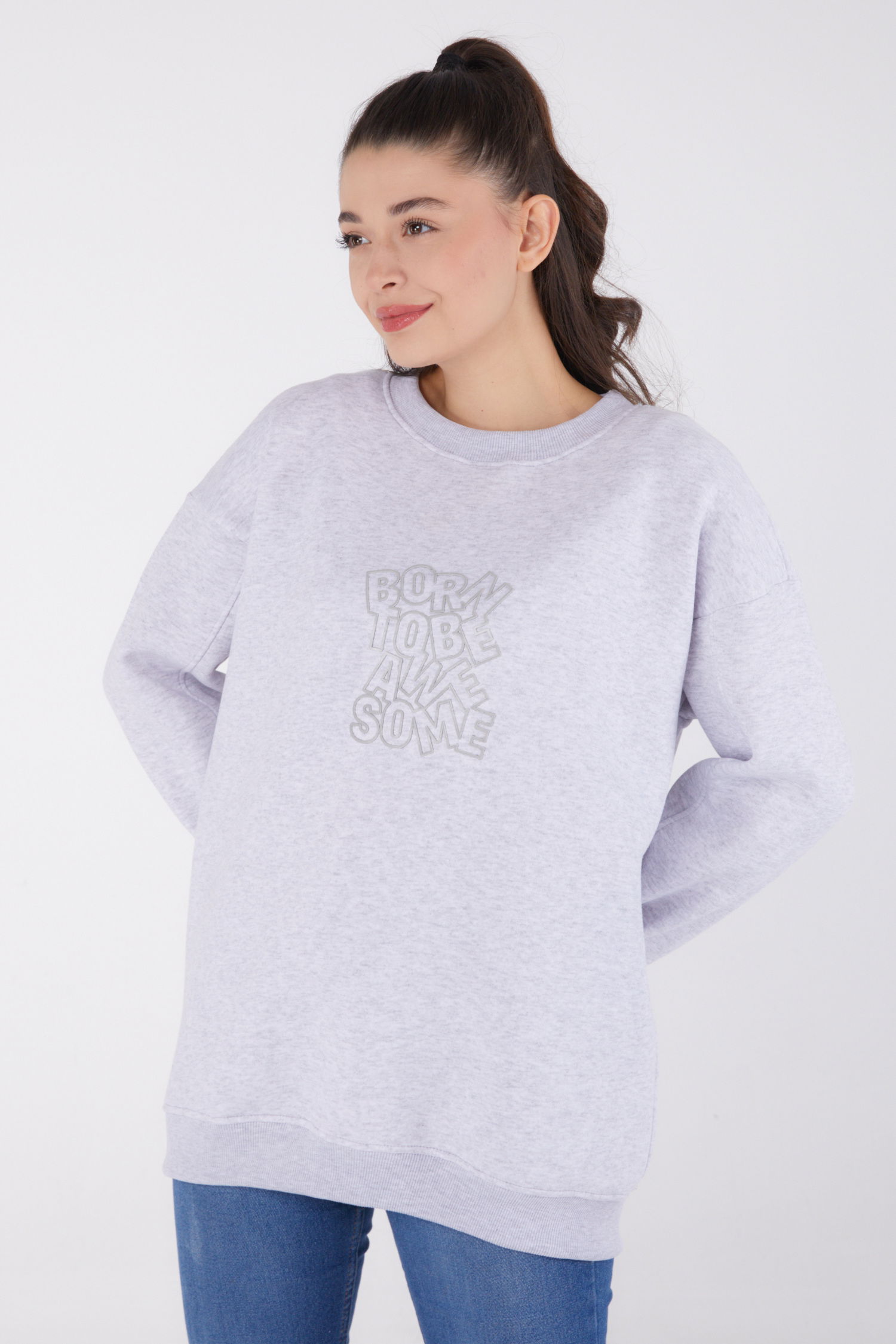 Düz Bisiklet Yaka Kadın Gri Baskılı Sweatshirt - 26475 - 4