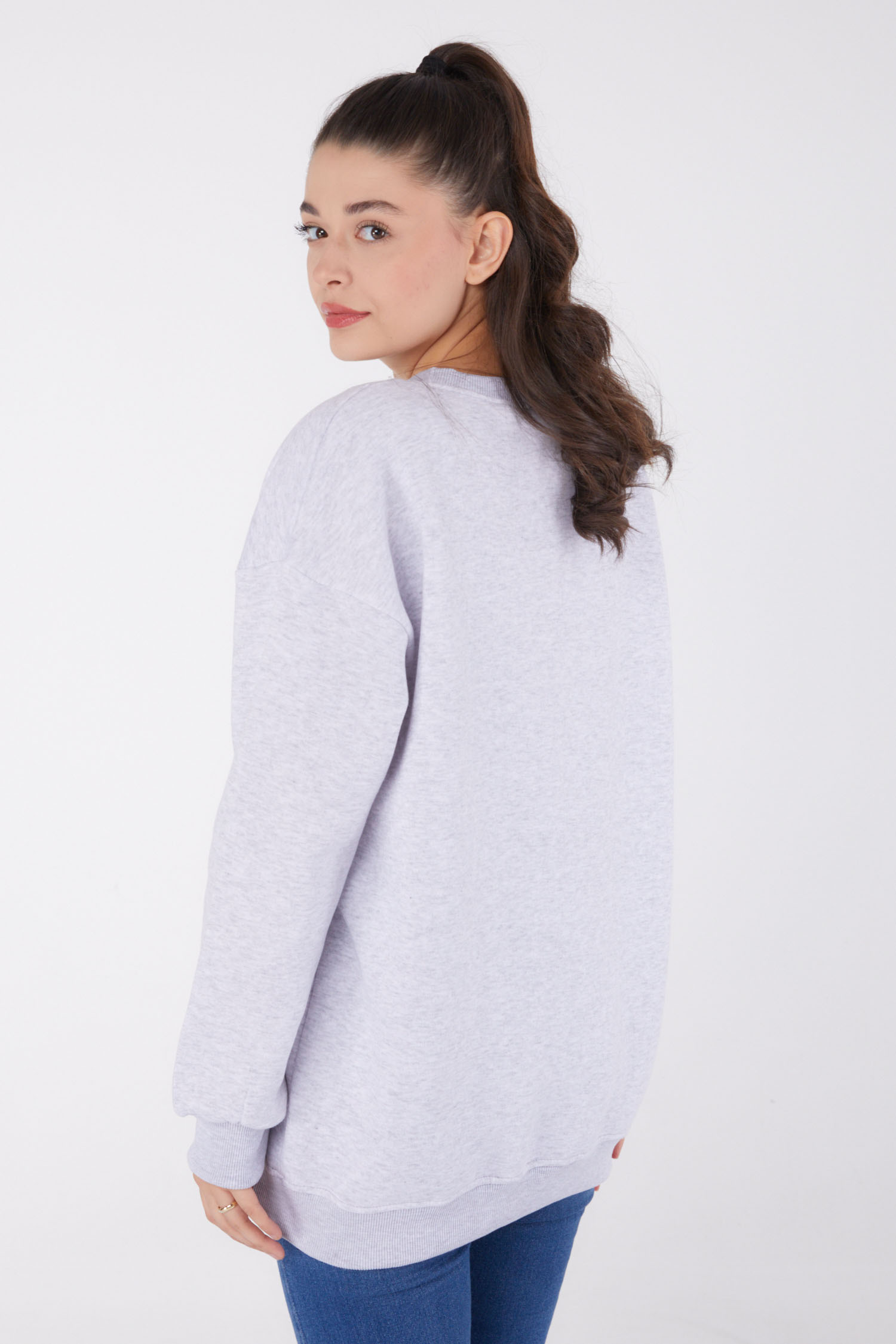 Düz Bisiklet Yaka Kadın Gri Baskılı Sweatshirt - 26475 - 6