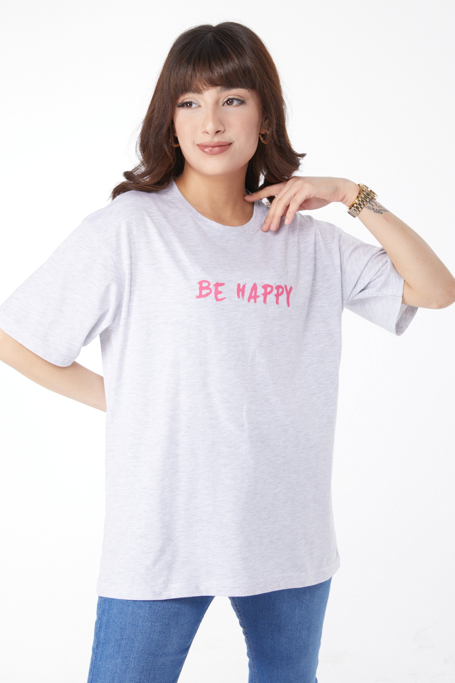 Baskılı T-shirt Gri - 25171 - 2