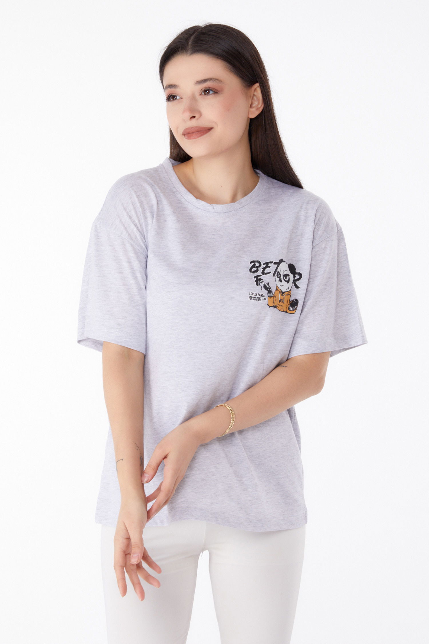 Baskılı T-shirt Gri - 25286 - 2