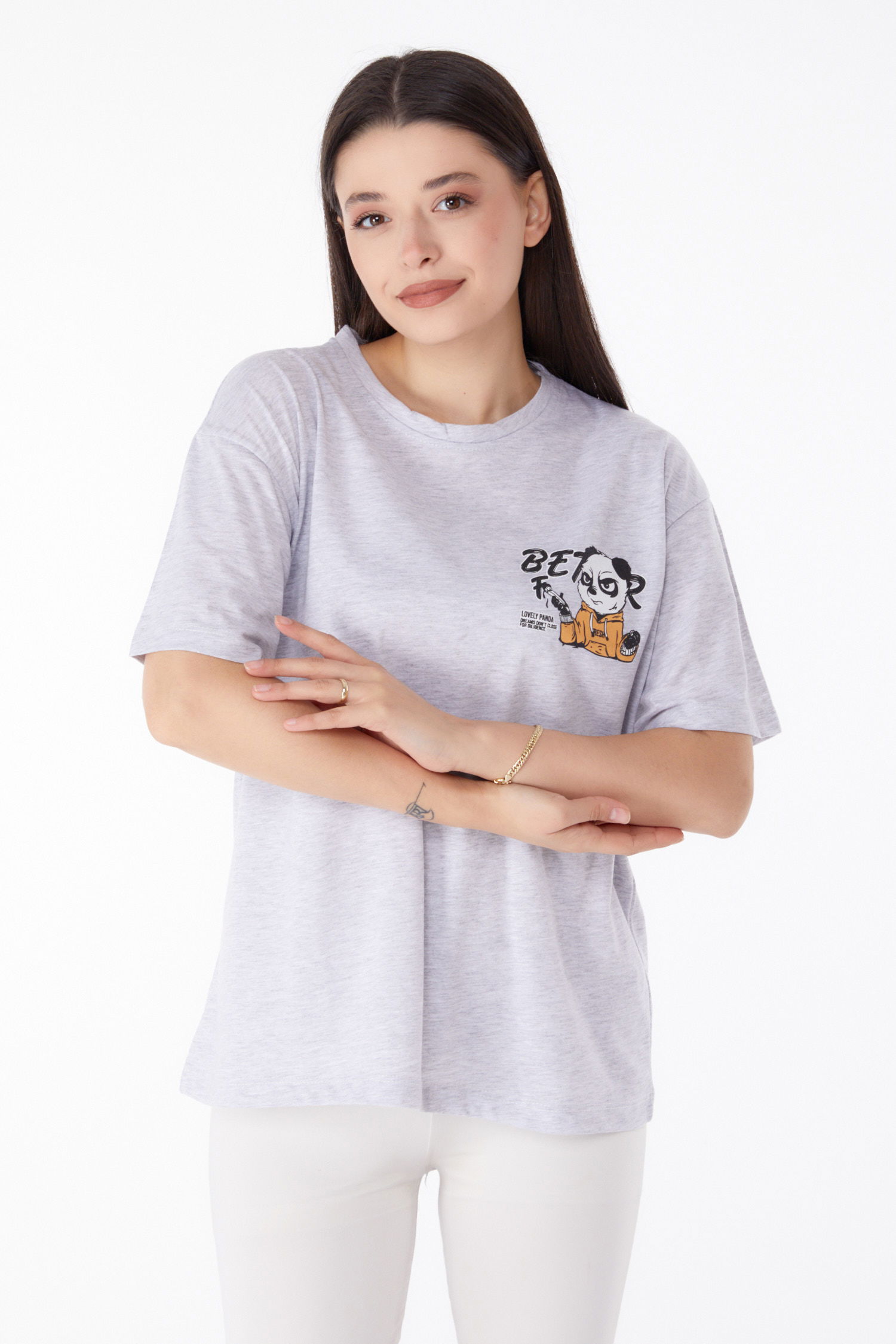 Baskılı T-shirt Gri - 25286 - 3