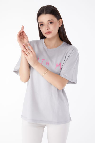 Baskılı T-shirt Gri - 25299 