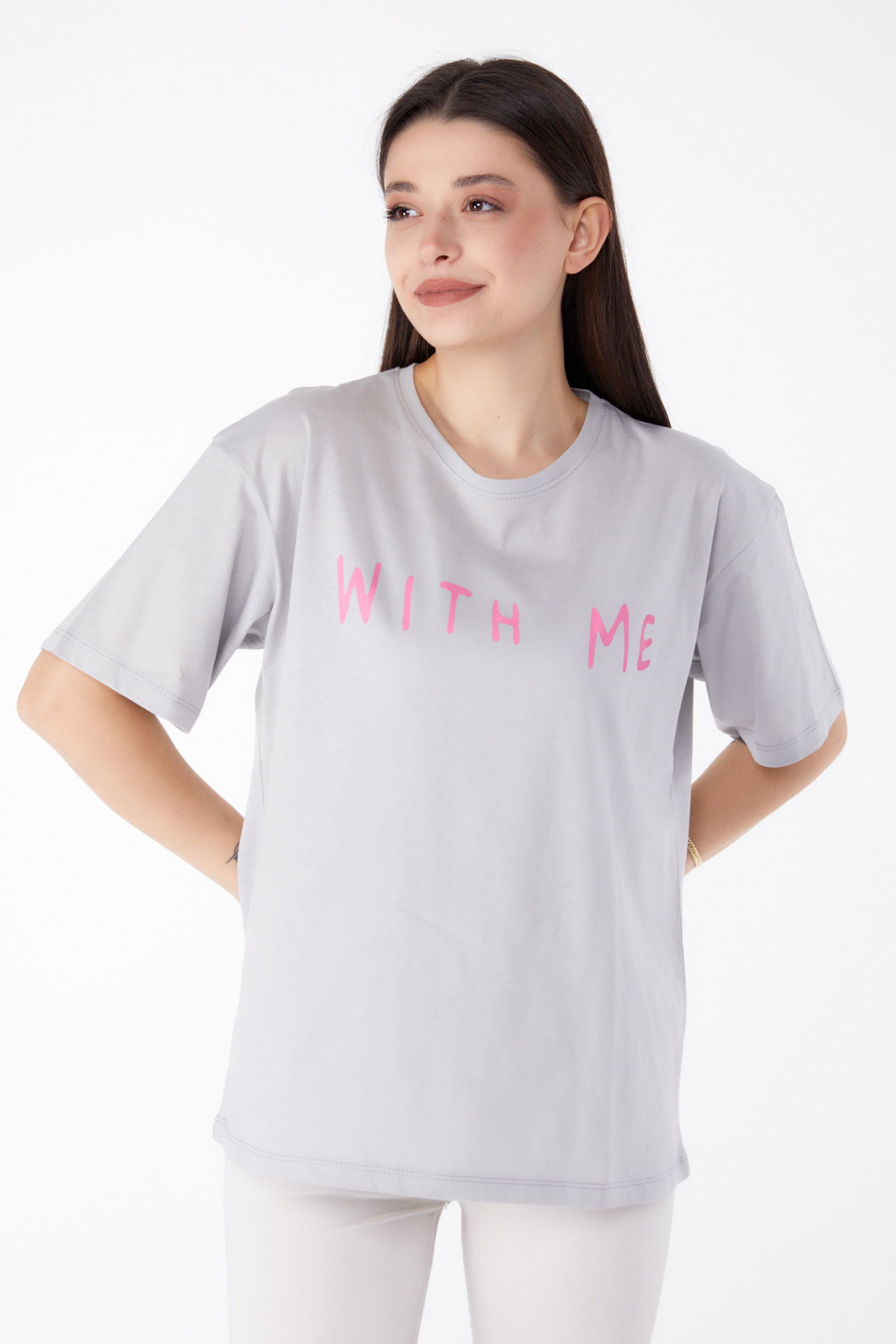 Baskılı T-shirt Gri - 25299 - 12