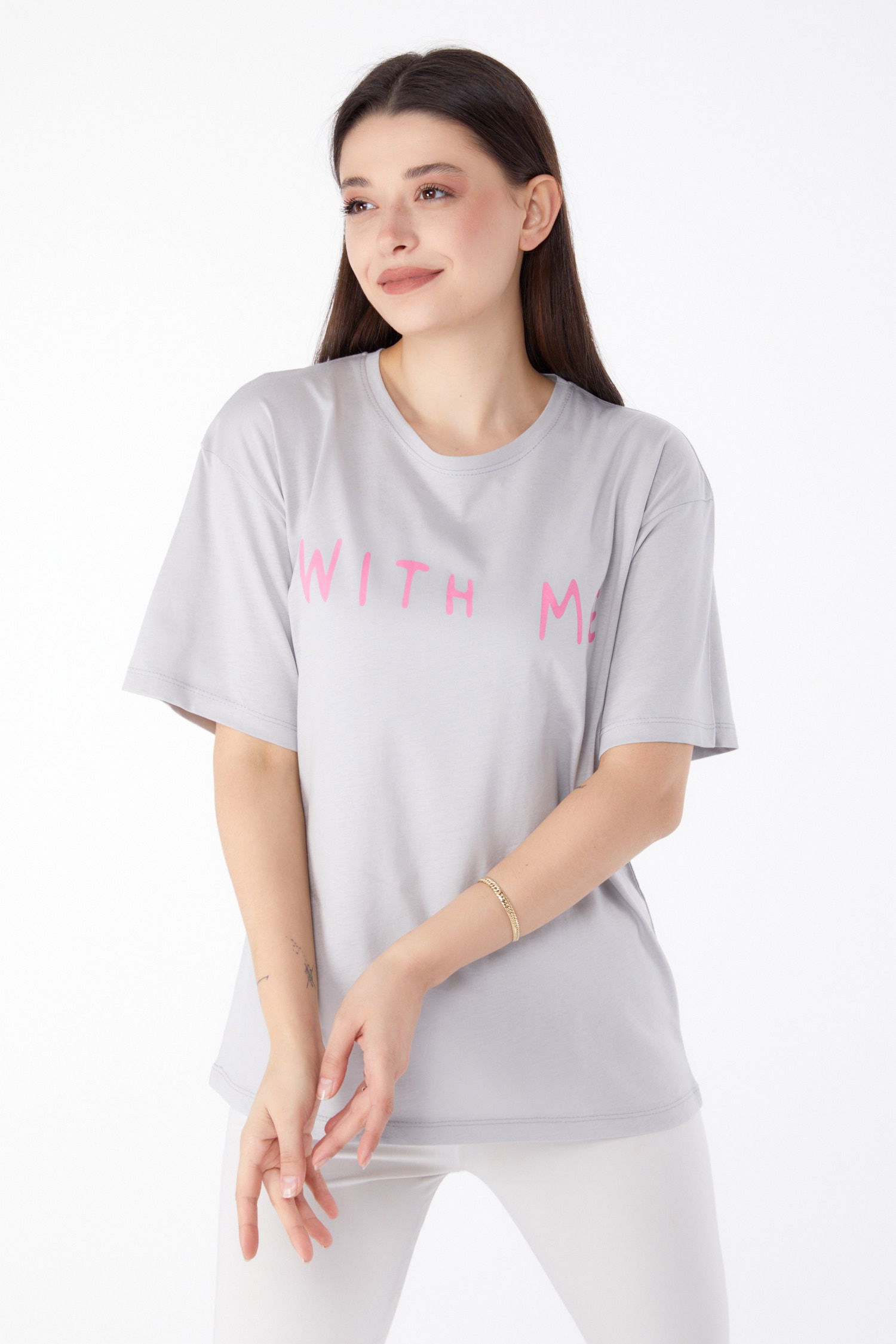 Baskılı T-shirt Gri - 25299 - 13