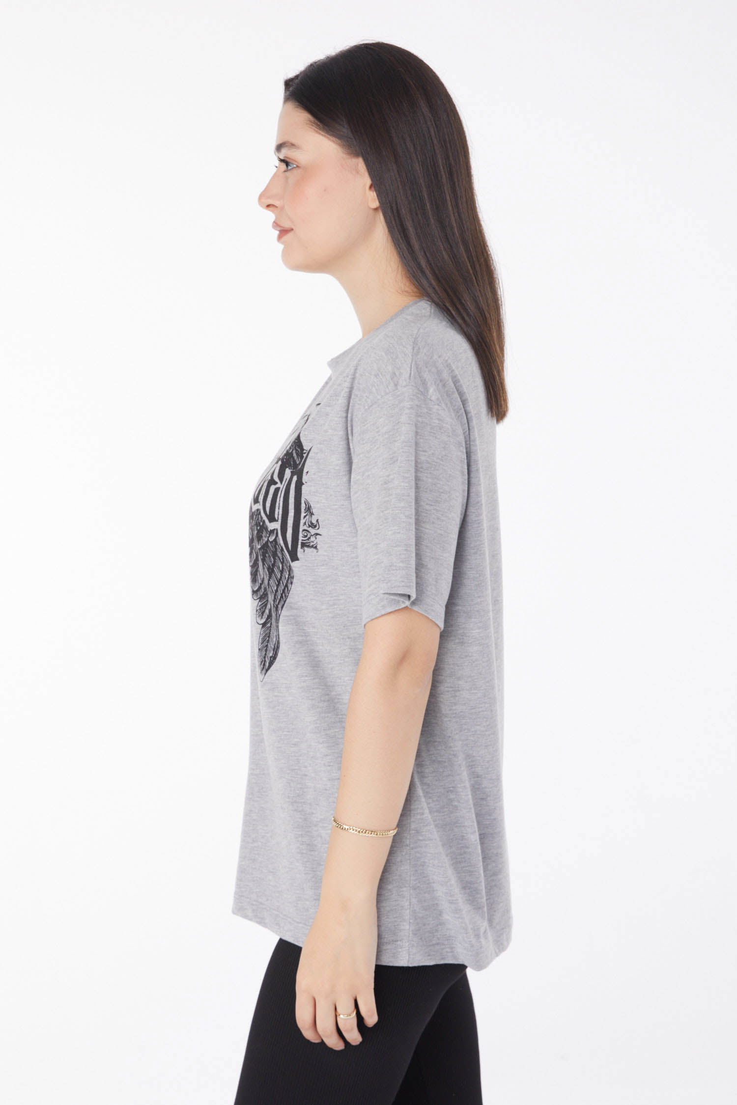 Baskılı T-shirt Gri - 25694 - 2