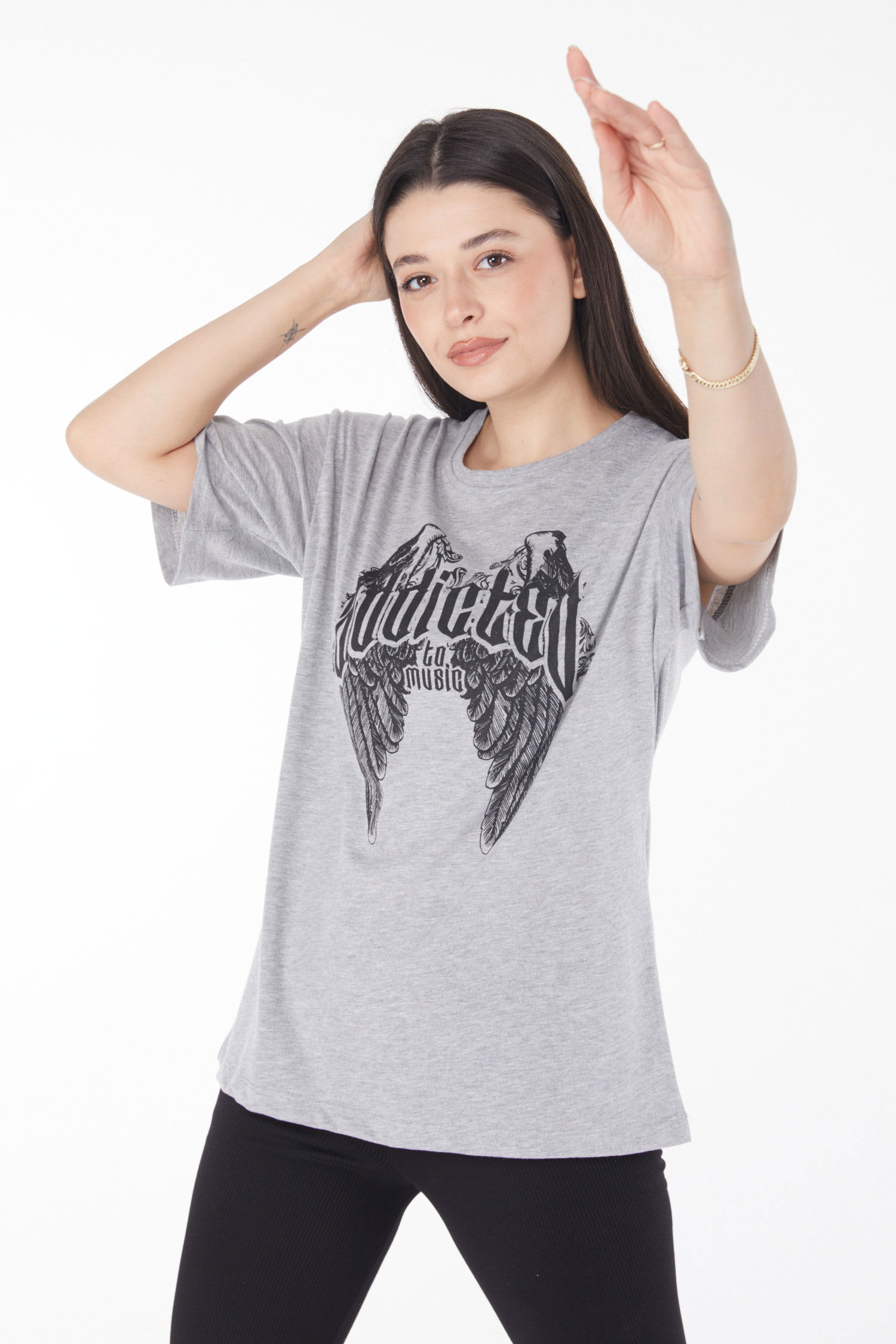 Baskılı T-shirt Gri - 25694 - 3