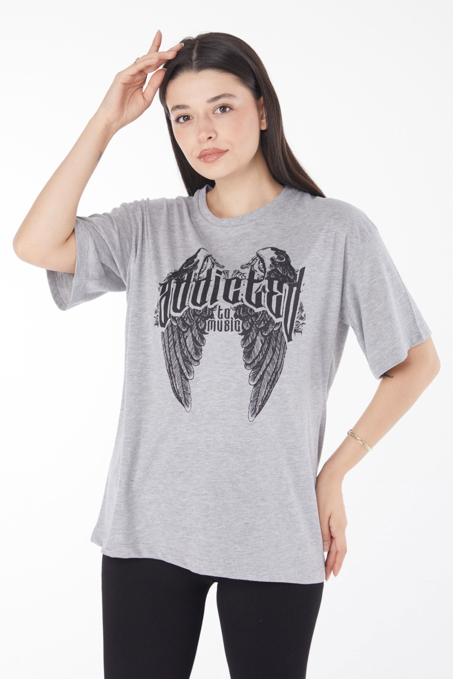 Baskılı T-shirt Gri - 25694 - 4