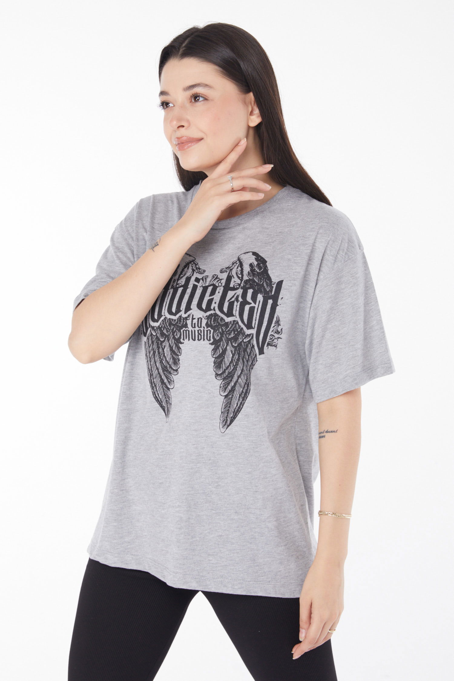 Baskılı T-shirt Gri - 25694 - 5