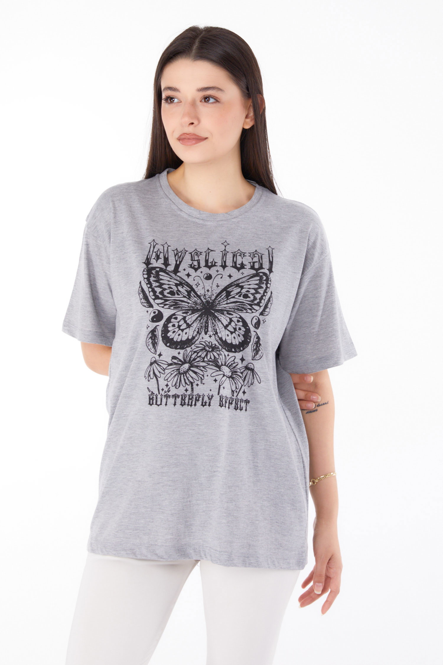 Düz Bisiklet Yaka Kadın Gri Baskılı T-shirt - 25695 - 1