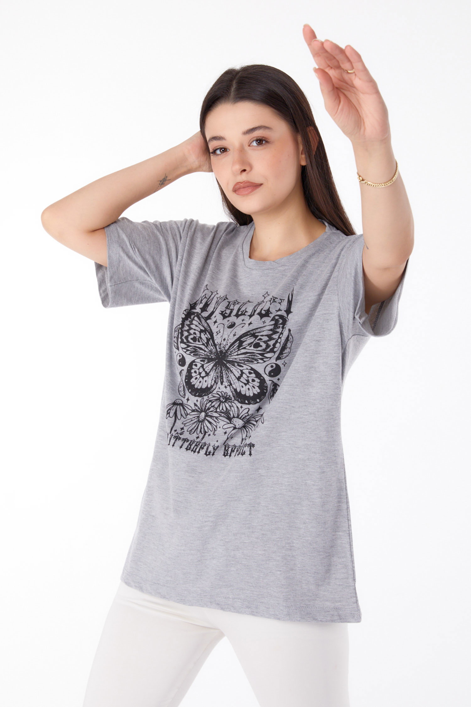 Düz Bisiklet Yaka Kadın Gri Baskılı T-shirt - 25695 - 3