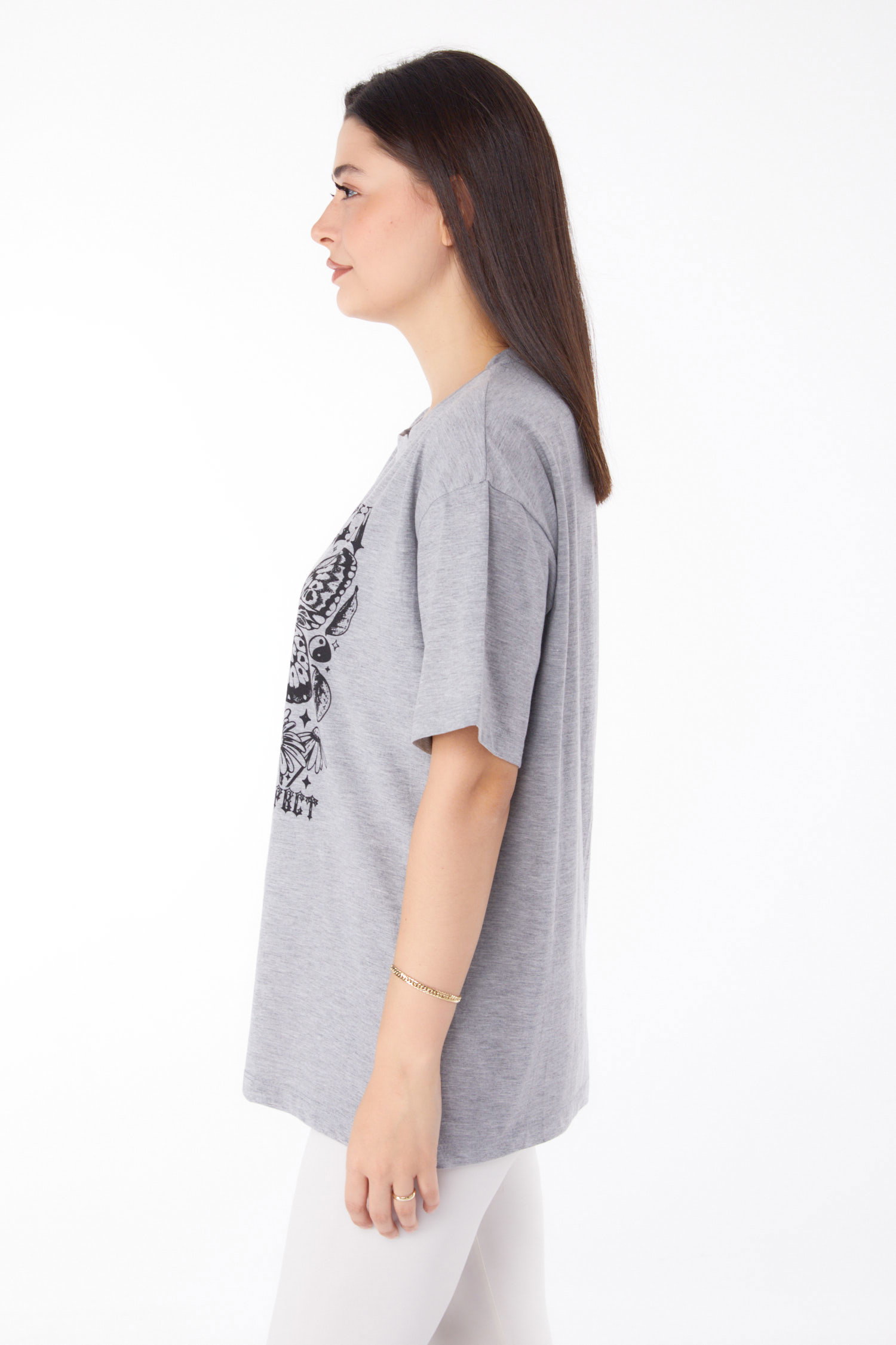 Düz Bisiklet Yaka Kadın Gri Baskılı T-shirt - 25695 - 4