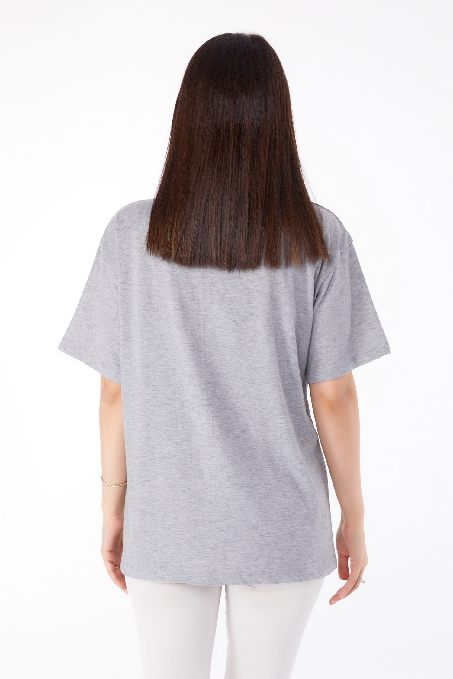Düz Bisiklet Yaka Kadın Gri Baskılı T-shirt - 25695 - 5