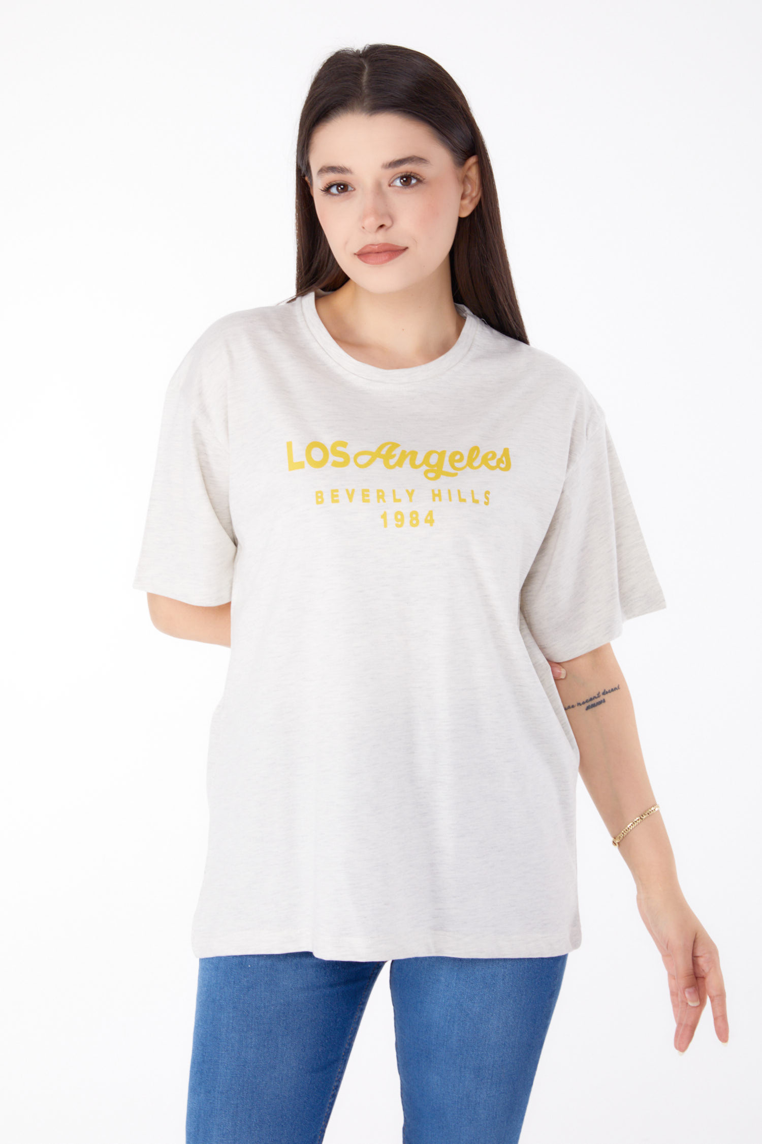 Baskılı T-shirt Gri - 25701 - 2