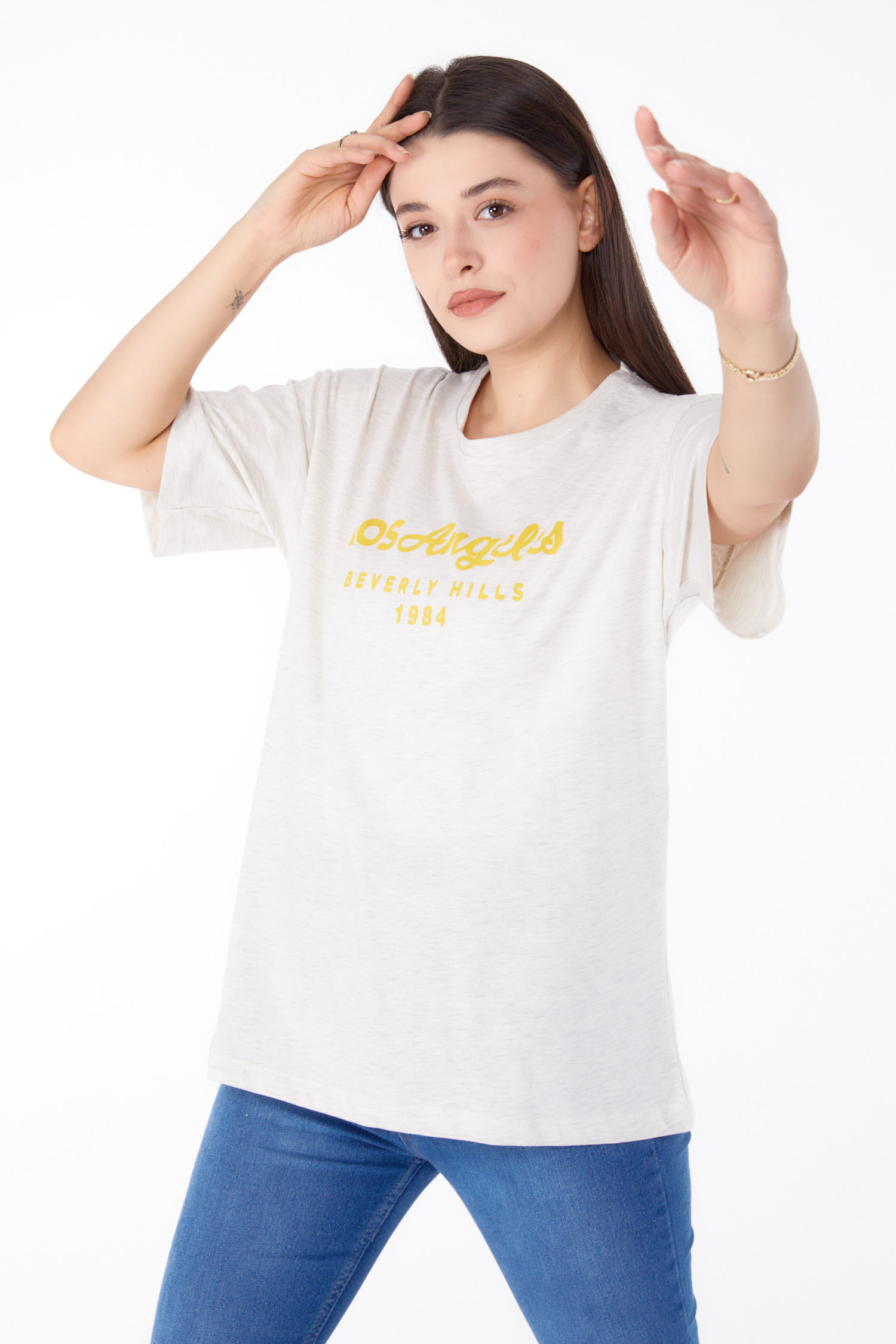 Baskılı T-shirt Gri - 25701 - 3