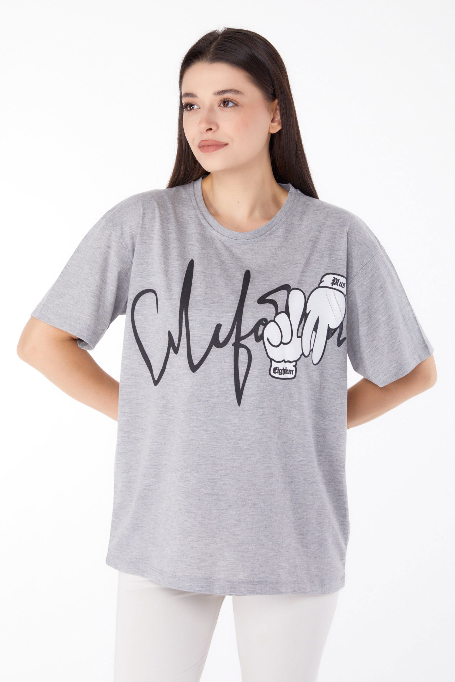Baskılı T-shirt Gri - 25702 - 1