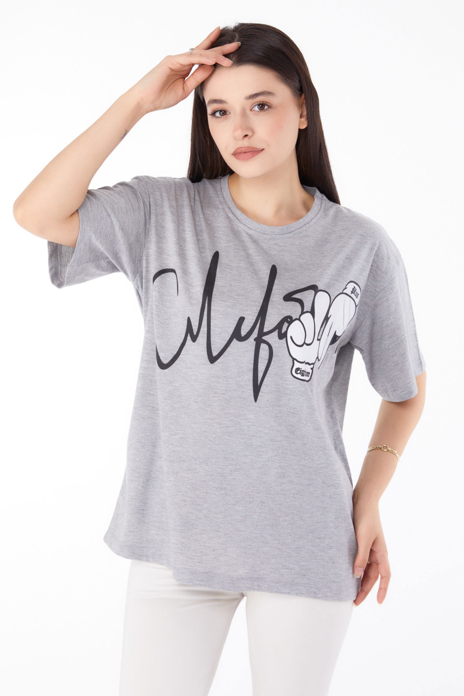 Baskılı T-shirt Gri - 25702 - 2