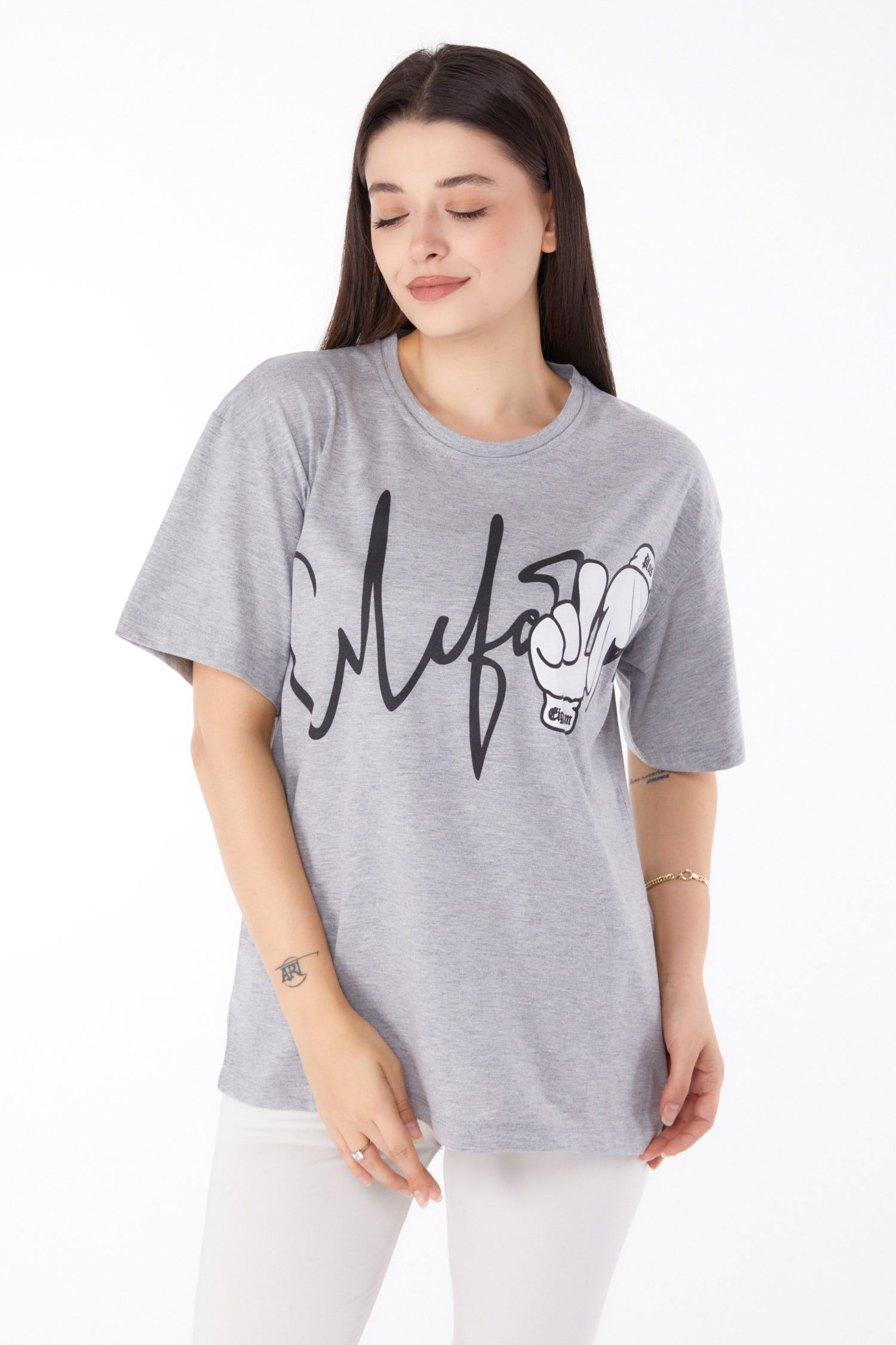 Baskılı T-shirt Gri - 25702 - 3
