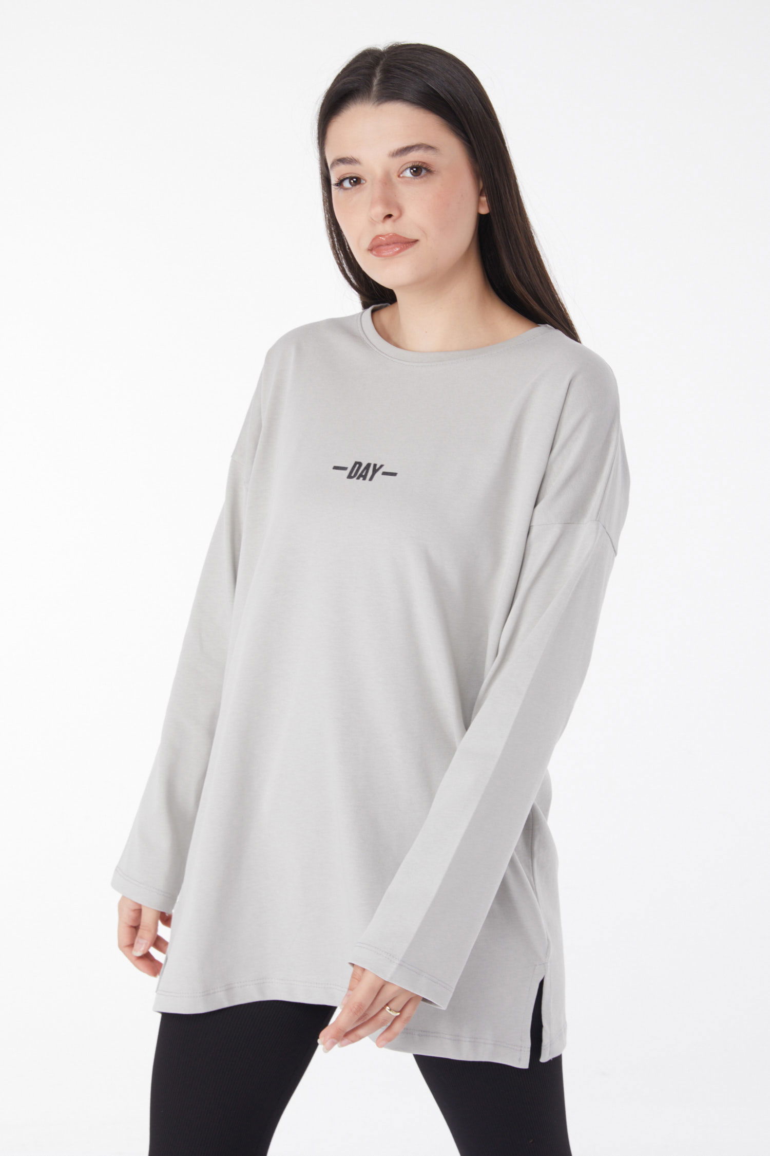 Düz Bisiklet Yaka Kadın Gri Baskılı Uzun Kollu Badi - 25691 - 1