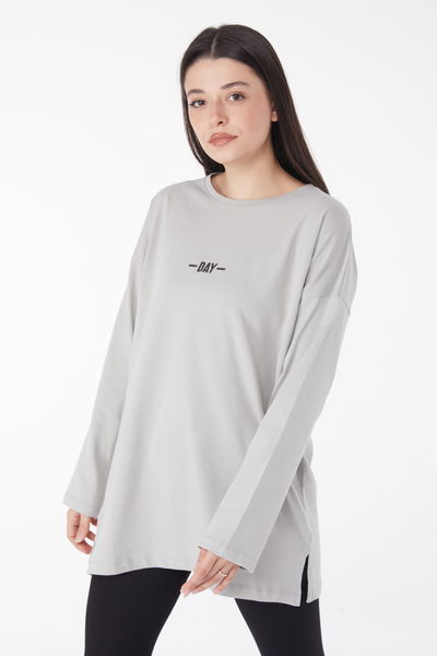 Düz Bisiklet Yaka Kadın Gri Baskılı Uzun Kollu Badi - 25691 