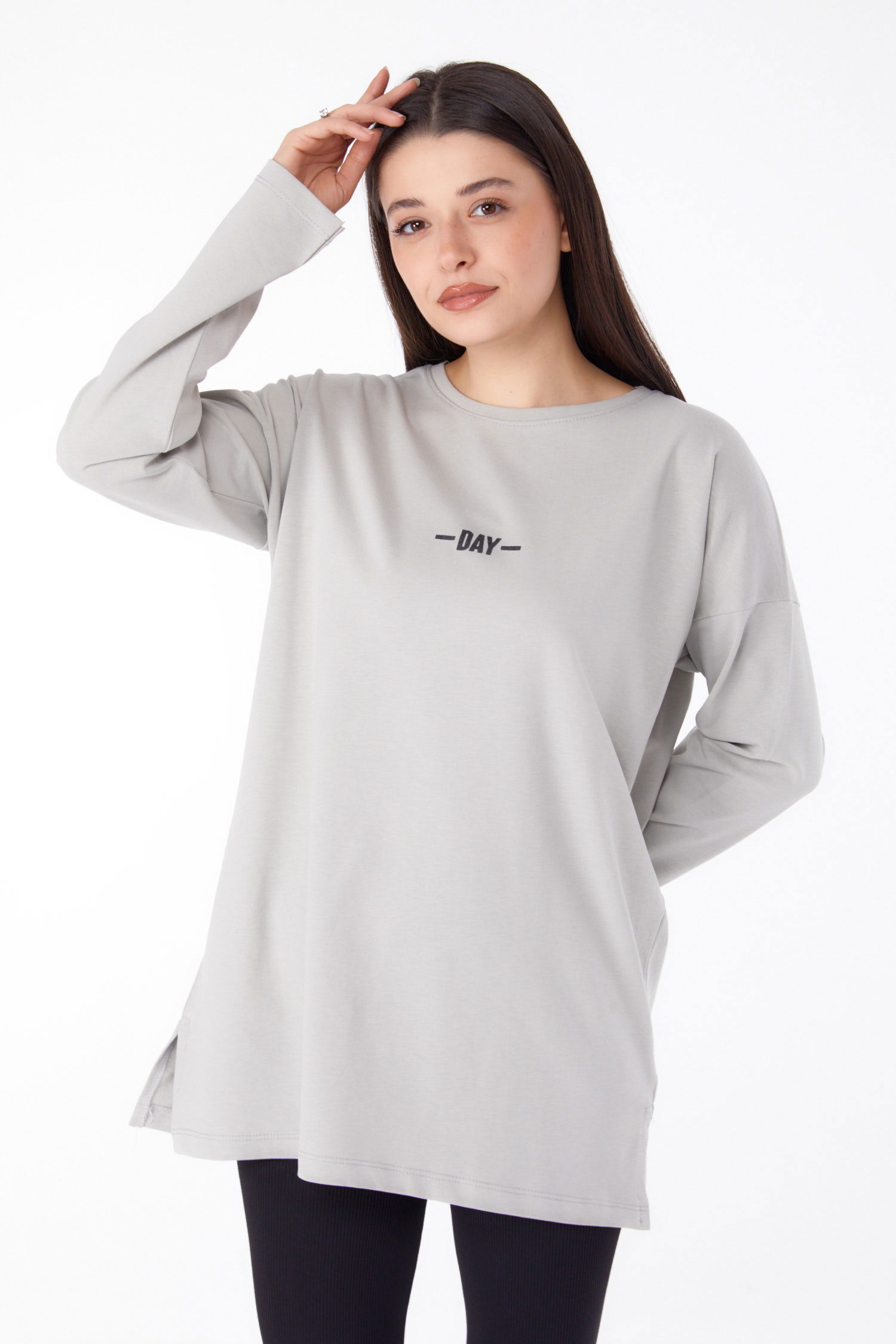 Düz Bisiklet Yaka Kadın Gri Baskılı Uzun Kollu Badi - 25691 - 2