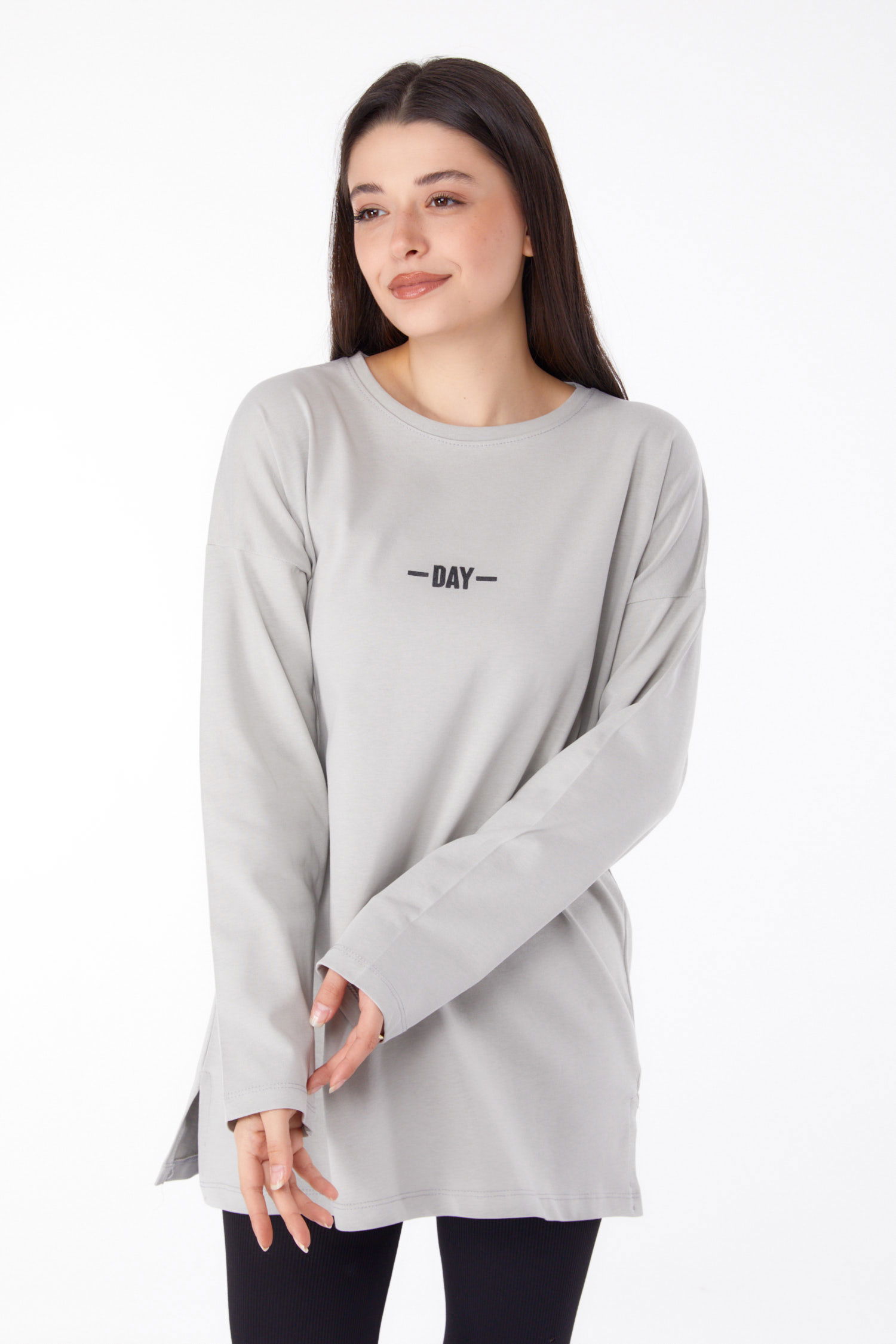 Düz Bisiklet Yaka Kadın Gri Baskılı Uzun Kollu Badi - 25691 - 3