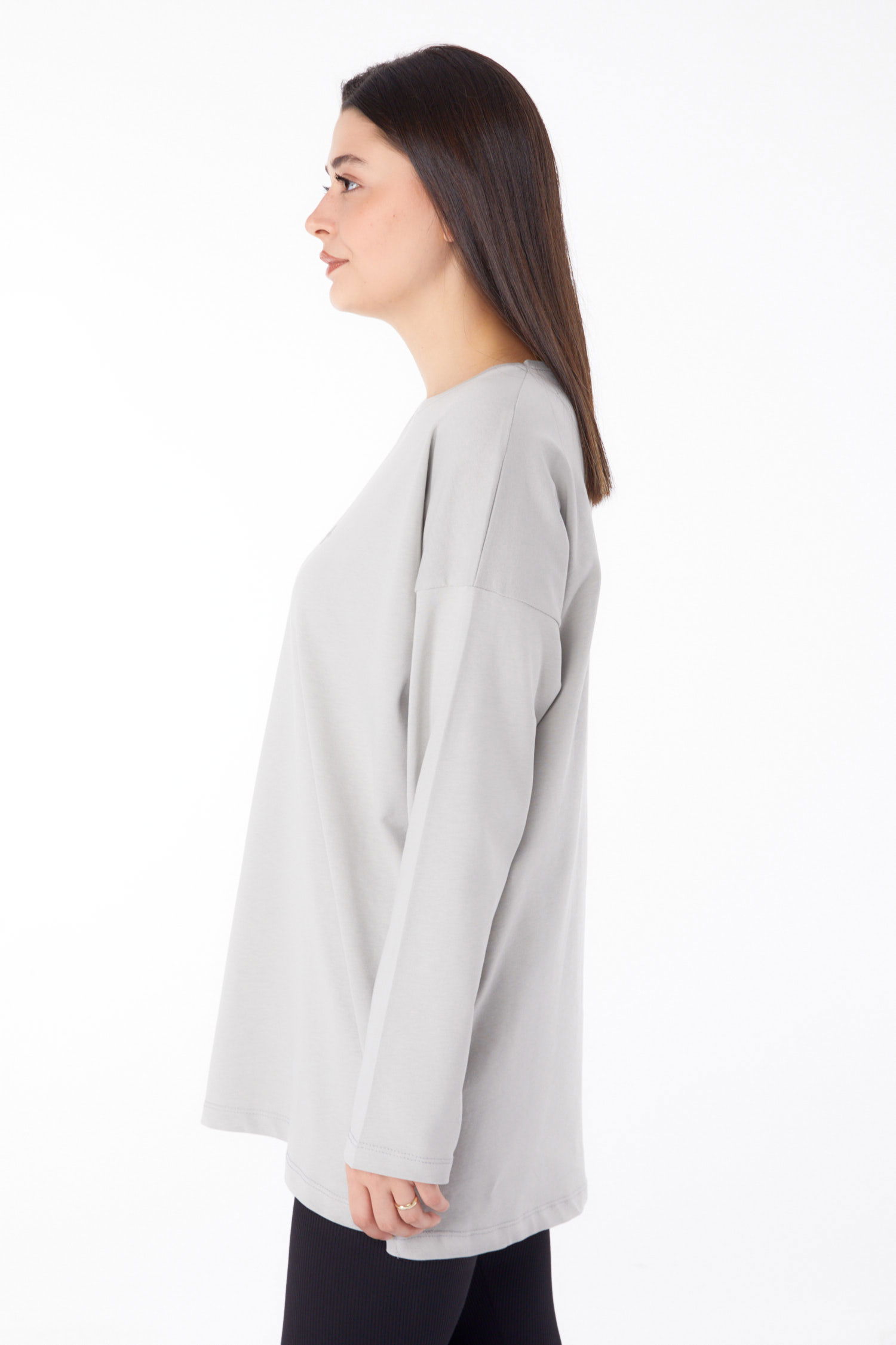 Düz Bisiklet Yaka Kadın Gri Baskılı Uzun Kollu Badi - 25691 - 4