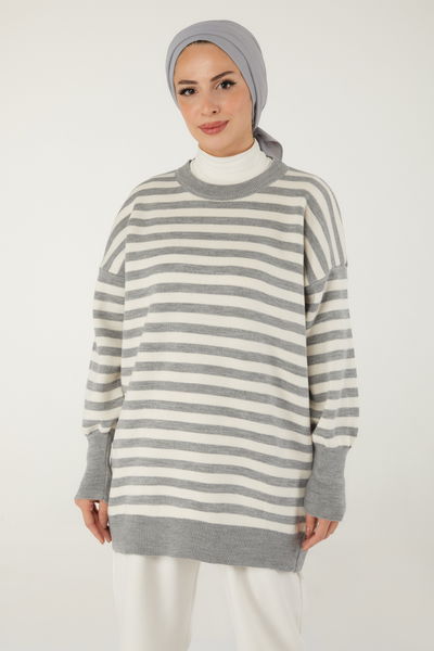 Düz Bisiklet Yaka Kadın Gri Çizgili Kazak - 26499 