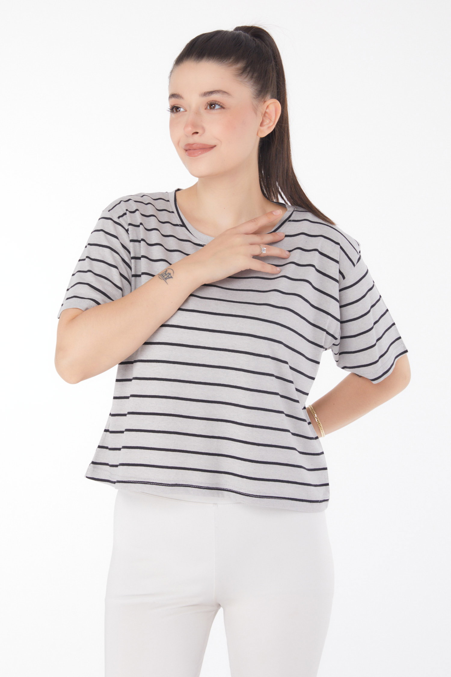 Çizgili Kısa Kollu Crop Gri - 25842 - 1