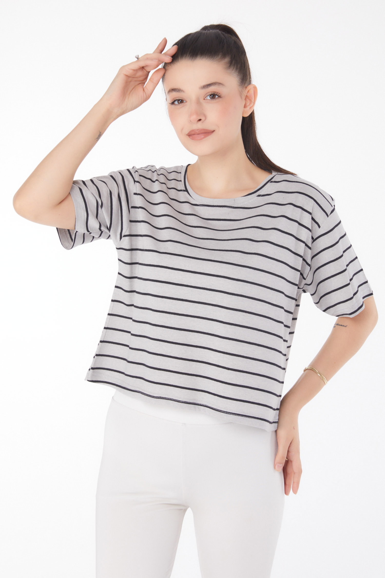 Çizgili Kısa Kollu Crop Gri - 25842 - 2